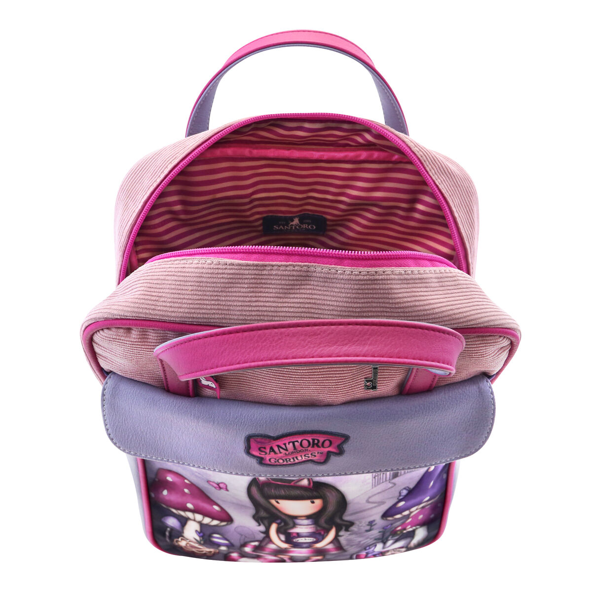 Ein offener Rucksack mit pinken und lila Streifen, mit einem Gorjuss-Motiv.