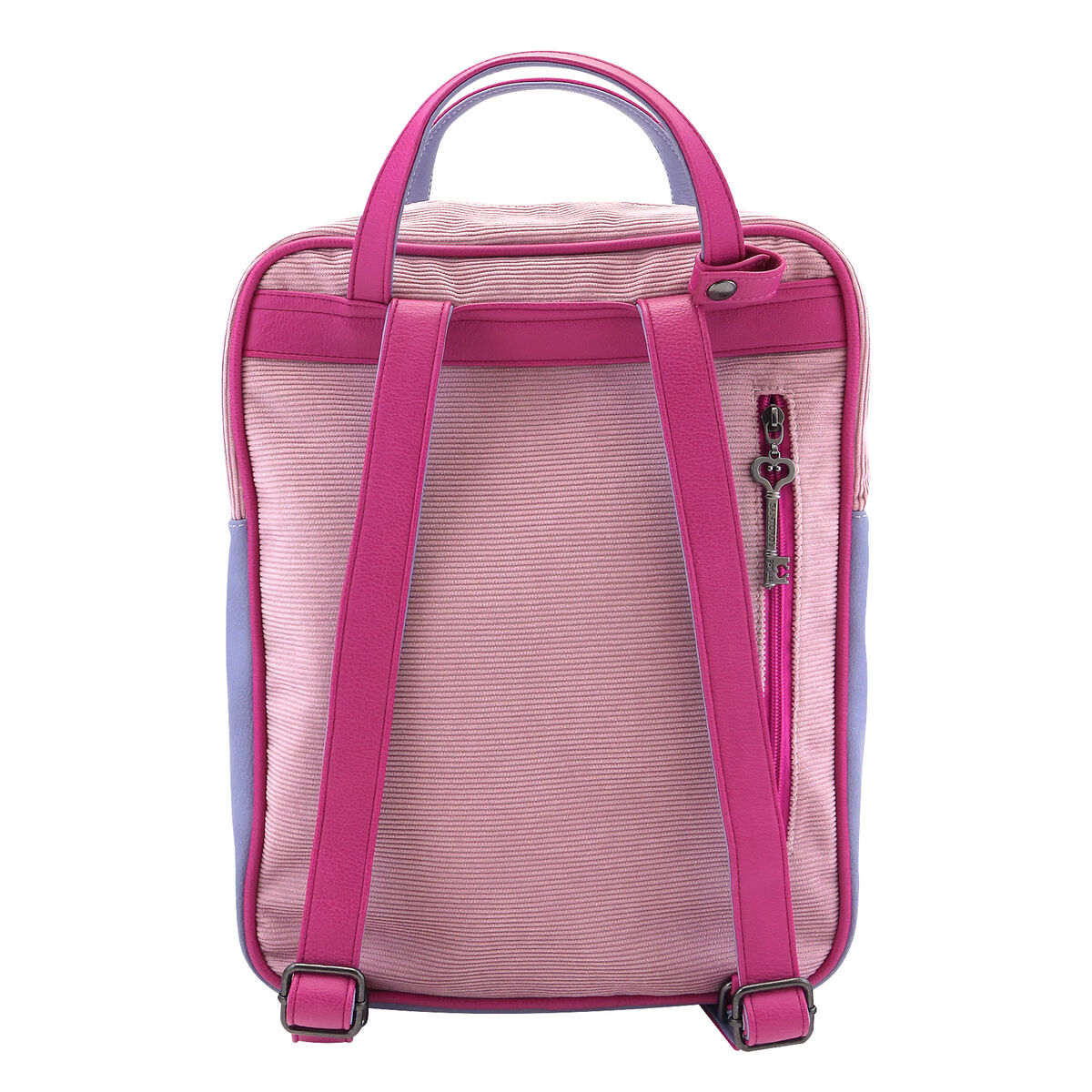 Ein rosafarbener Rucksack mit pinken Trägern und Reißverschluss mit Schlüsselanhänger.