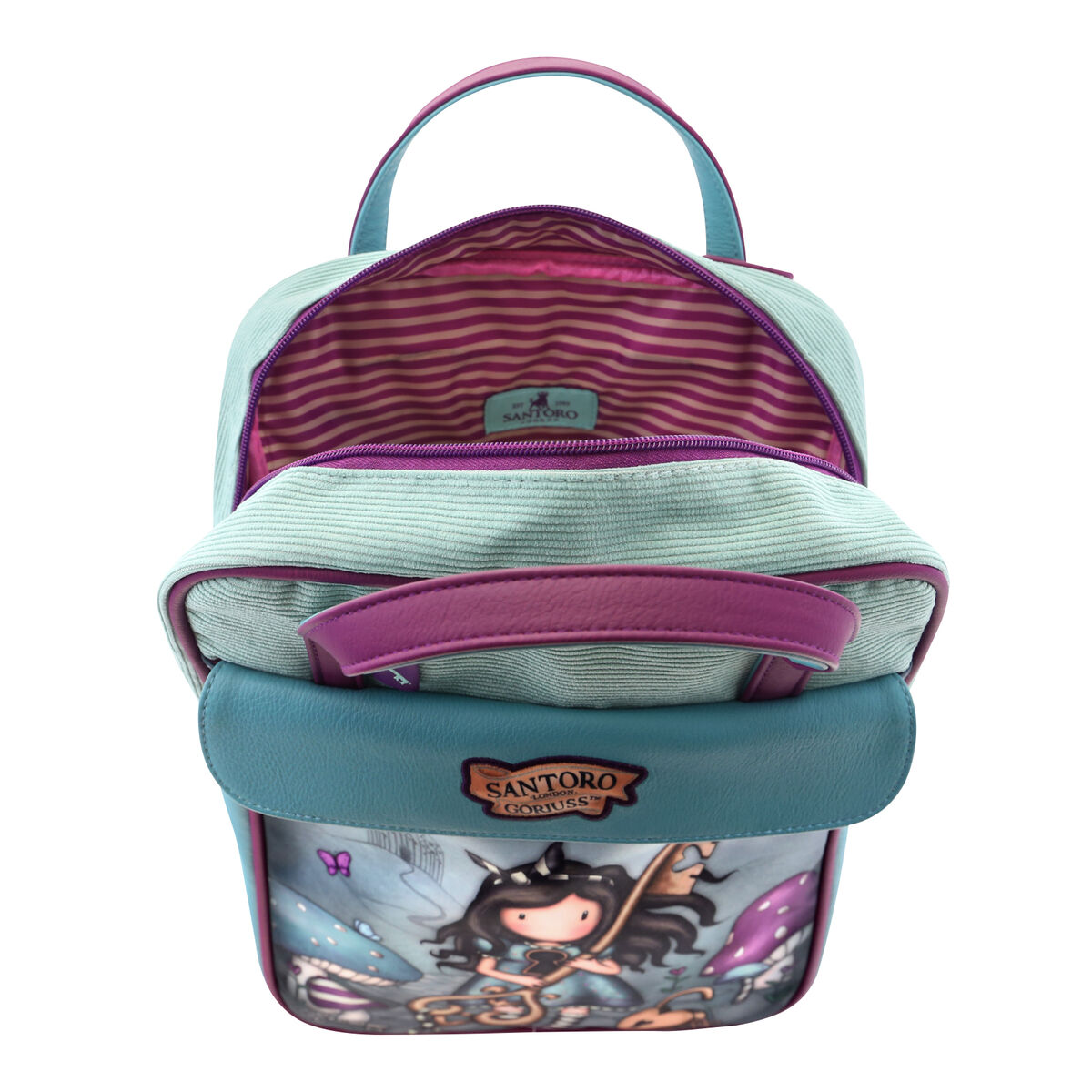 Ein hellgrüner Rucksack mit lila Details, geöffnet, mit gestreiftem Innenfutter.