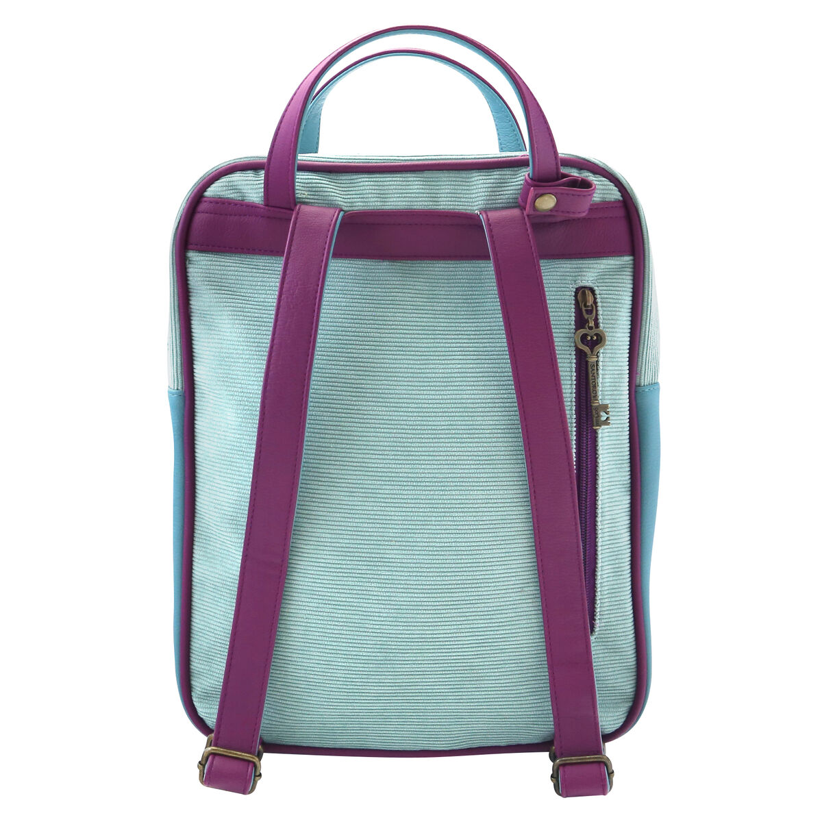 Rückseite eines aquafarbenen Rucksacks mit Streifen, lila Trägern und Reißverschluss.