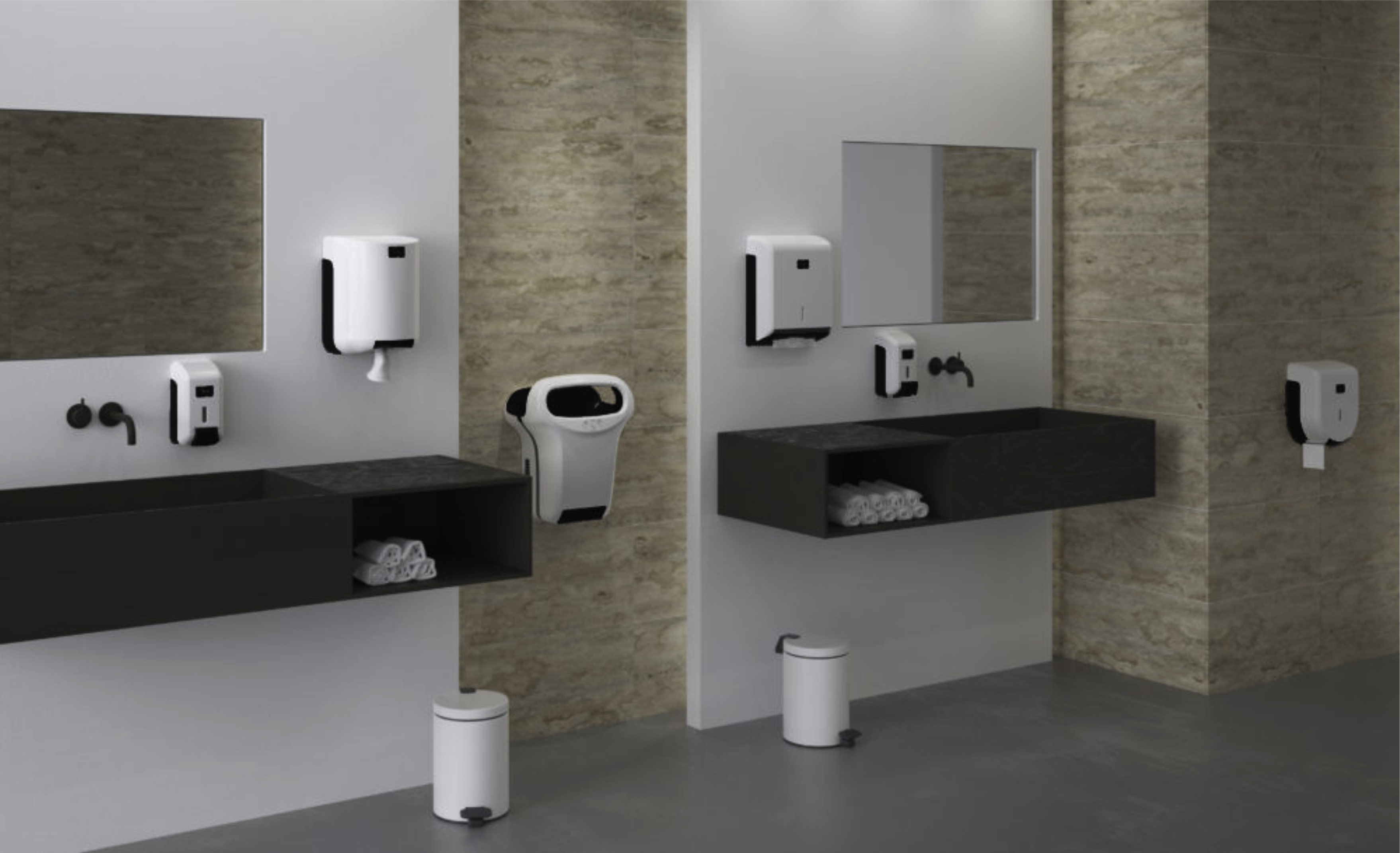 Moderne Waschbecken mit Seifenspendern, Handtuchhaltern und Mülleimern.