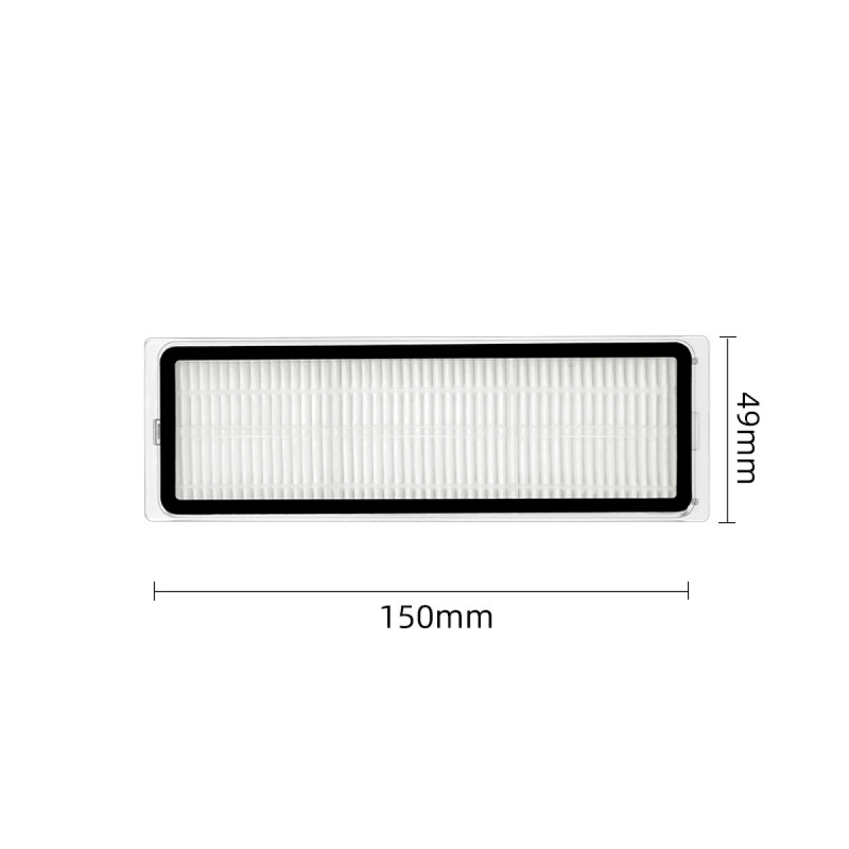 Ein weißer Filter mit schwarzem Rahmen, 150mm lang und 49mm breit.