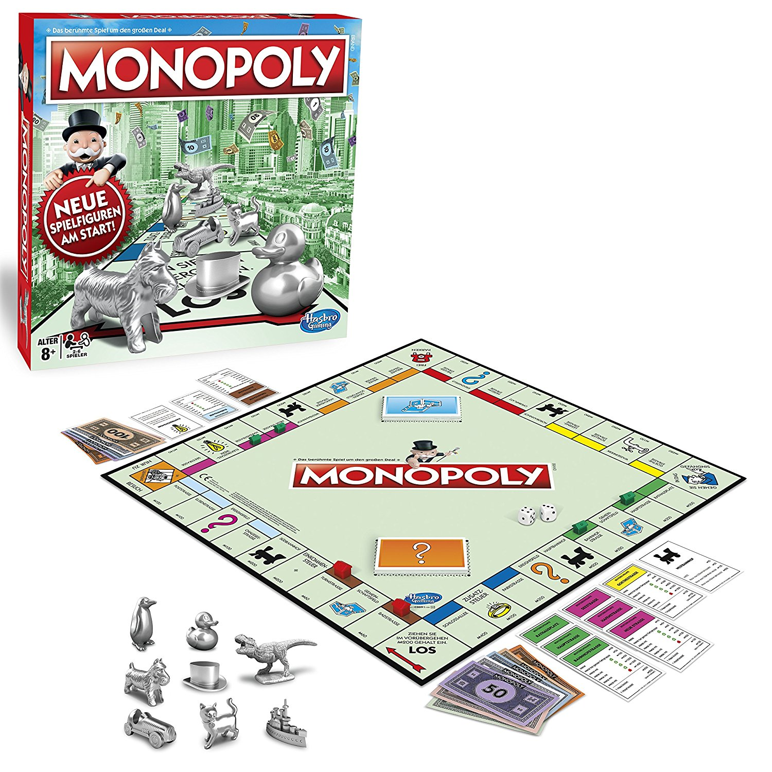 Monopoly-Spielbox und Spielfeld mit Figuren, Geld und Karten.