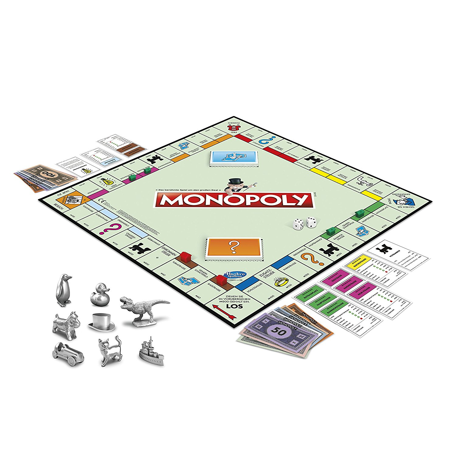 Monopolyspielbrett mit Spielfiguren, Geld und Karten. Detailreich und bunt.