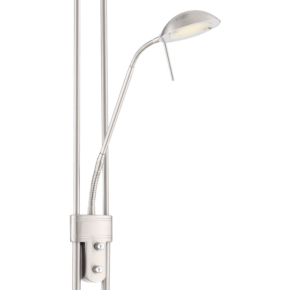 Una lámpara de pie plateada con brazo flexible y cabezal LED.