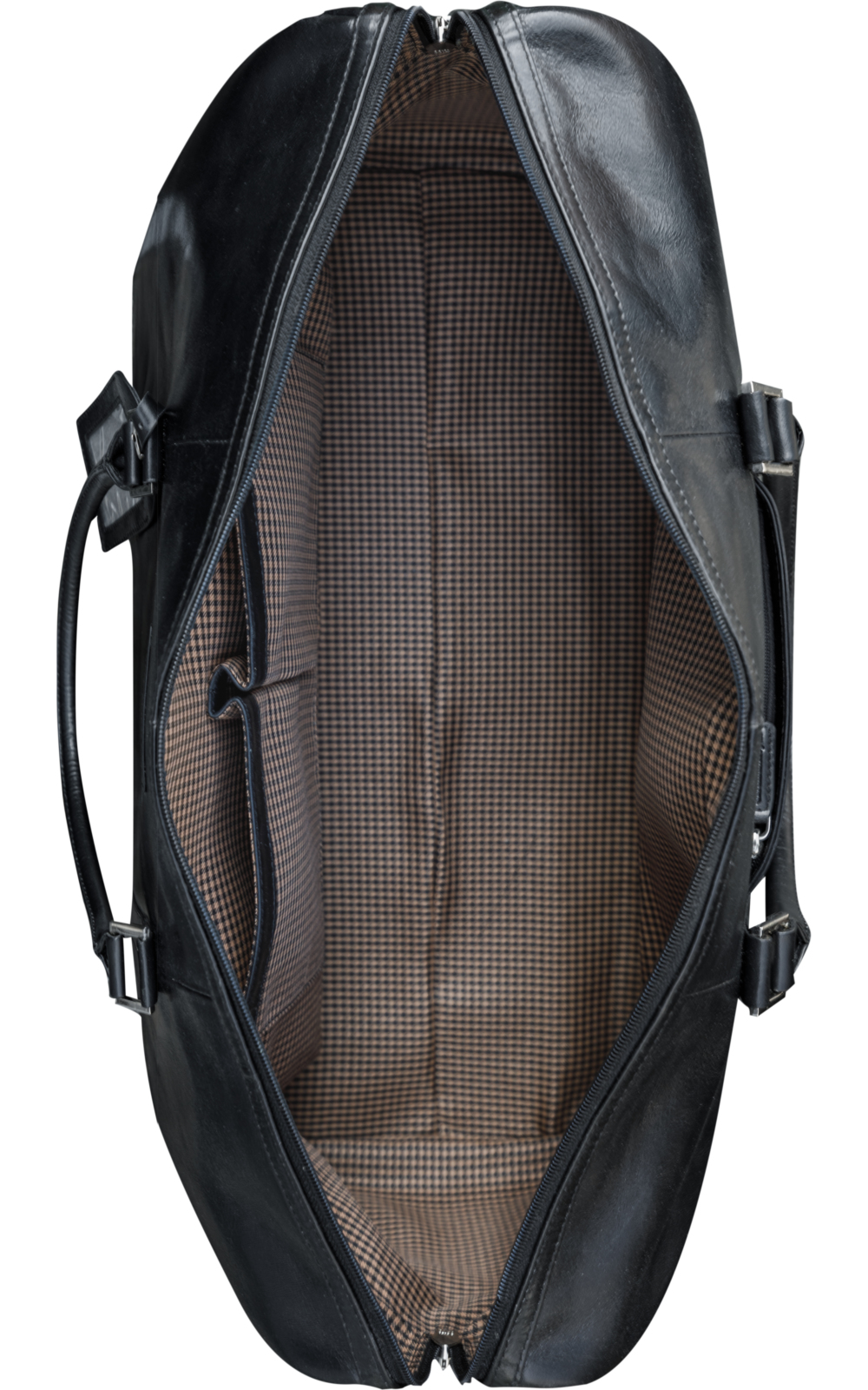 Schwarze Leder Reisetasche, offen, kariertes Innenfutter.