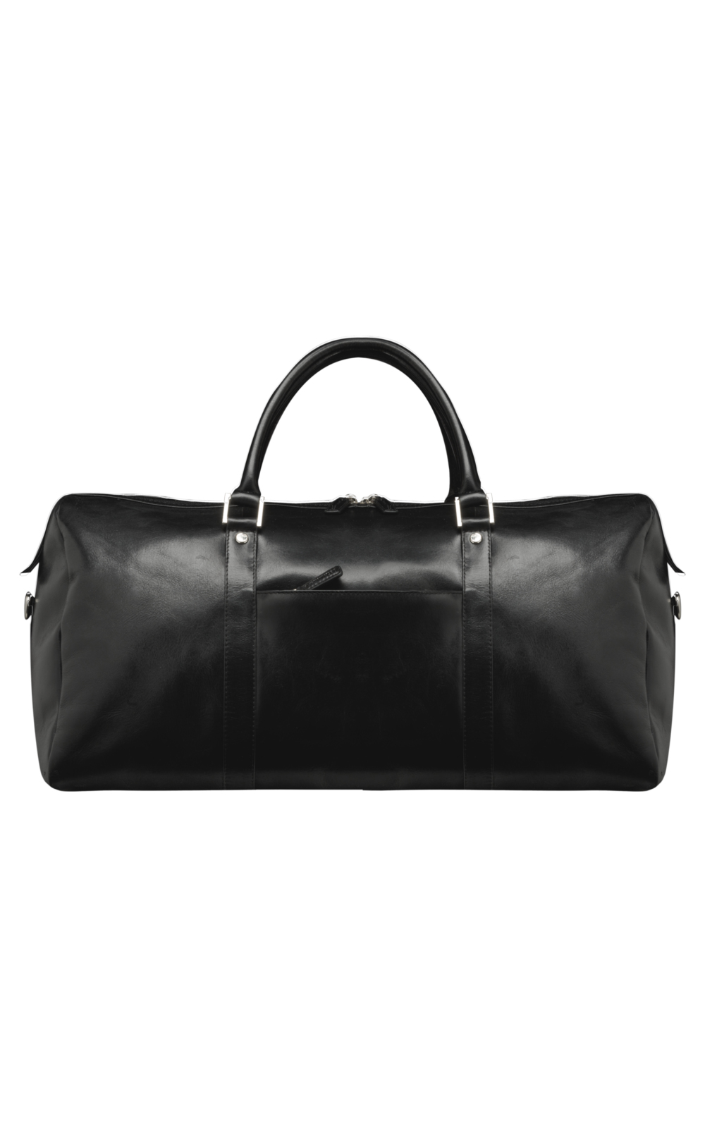 Schwarze Leder Reisetasche mit Griffen und Reißverschluss.