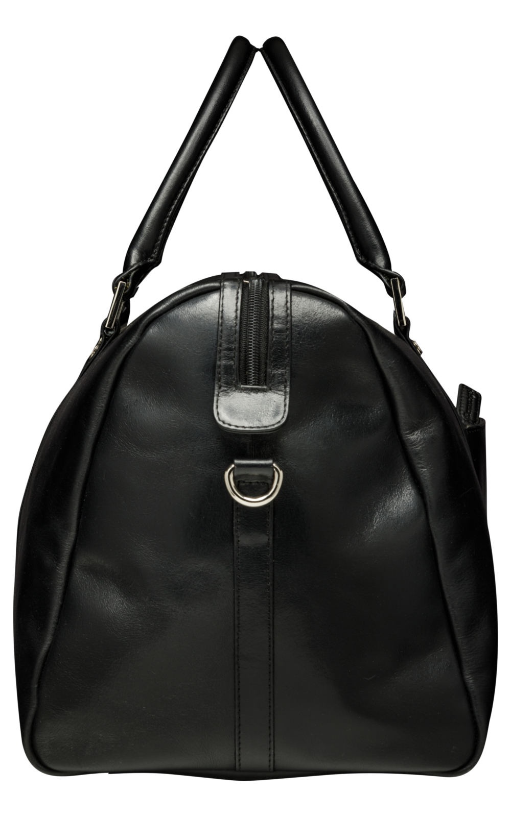 Eine schwarze Ledertasche mit zwei Tragegriffen und einem Reißverschluss.