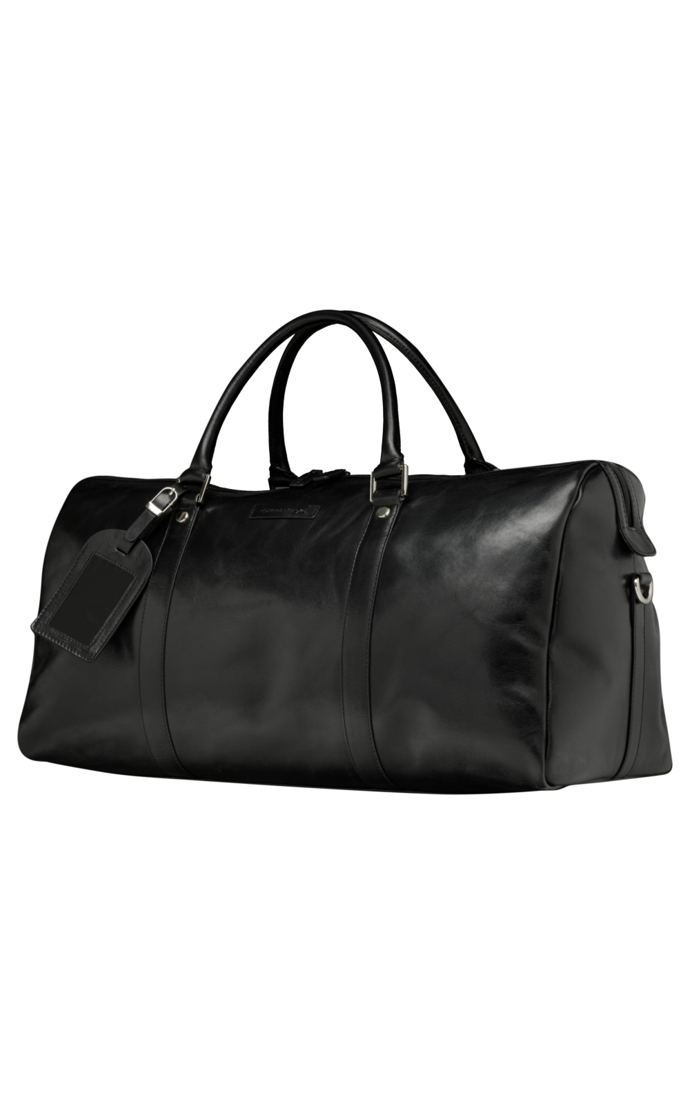 Eine schwarze Lederreisetasche mit Henkeln und einem Anhänger.