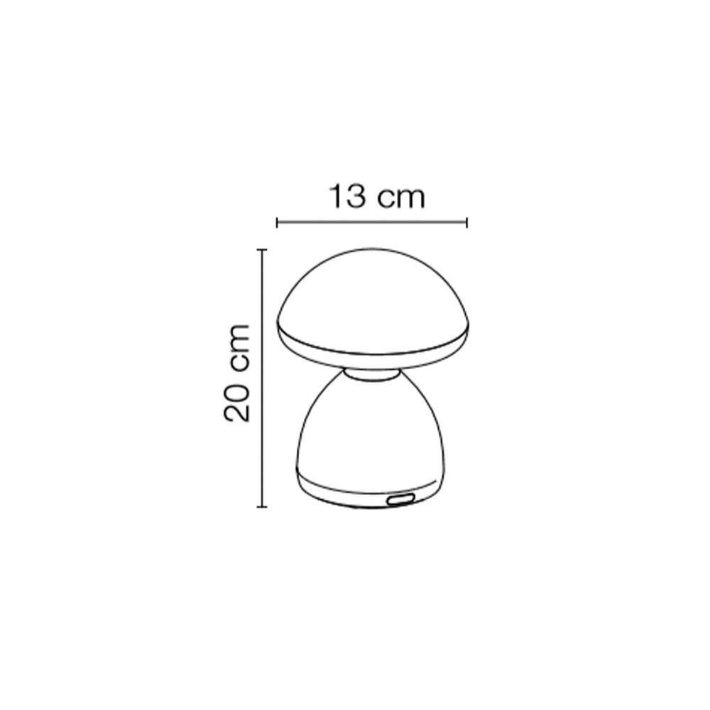 Una lámpara de hongo, 20 cm de alto, 13 cm de ancho.