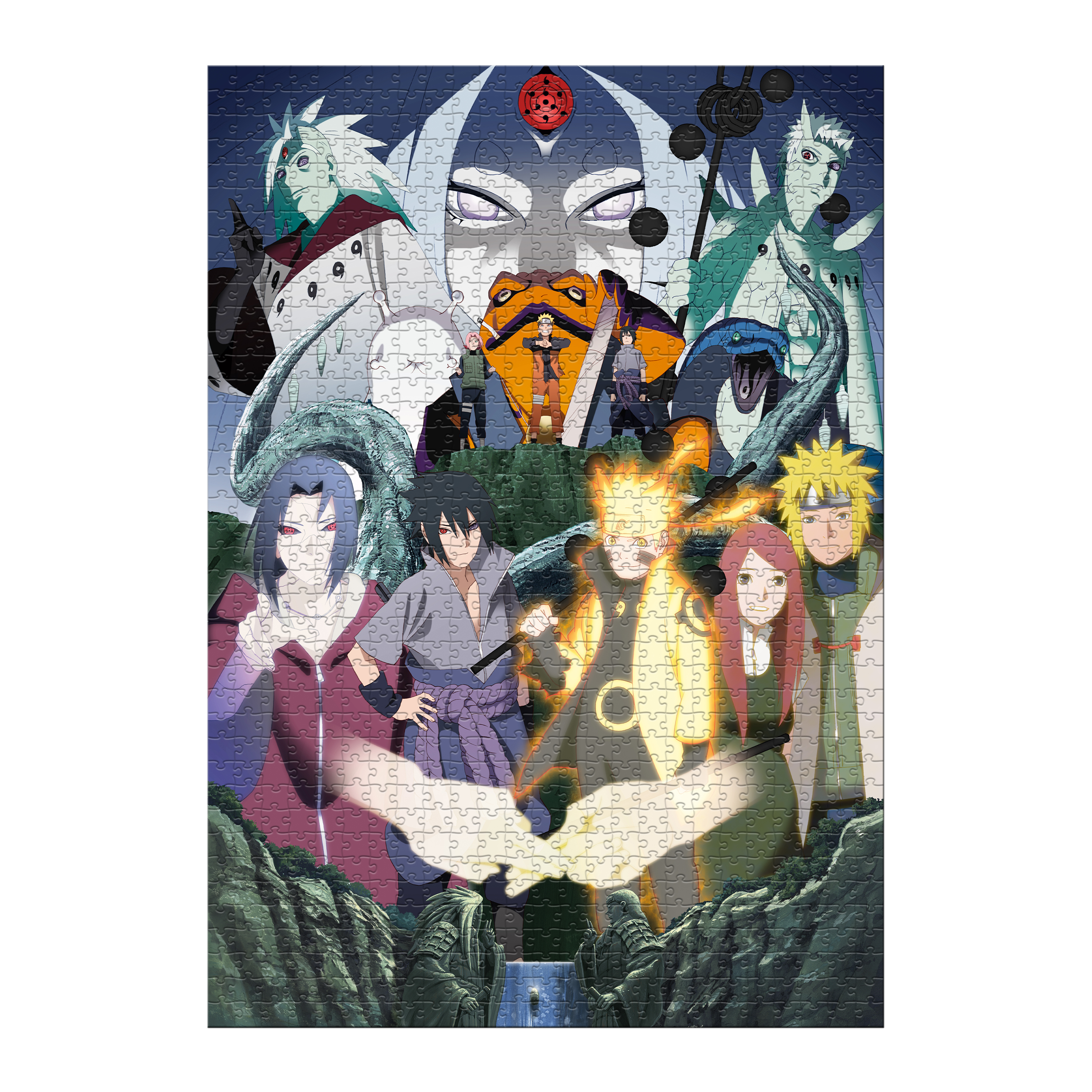 Naruto und seine Freunde stehen vor einer riesigen, mystischen Figur im Hintergrund.