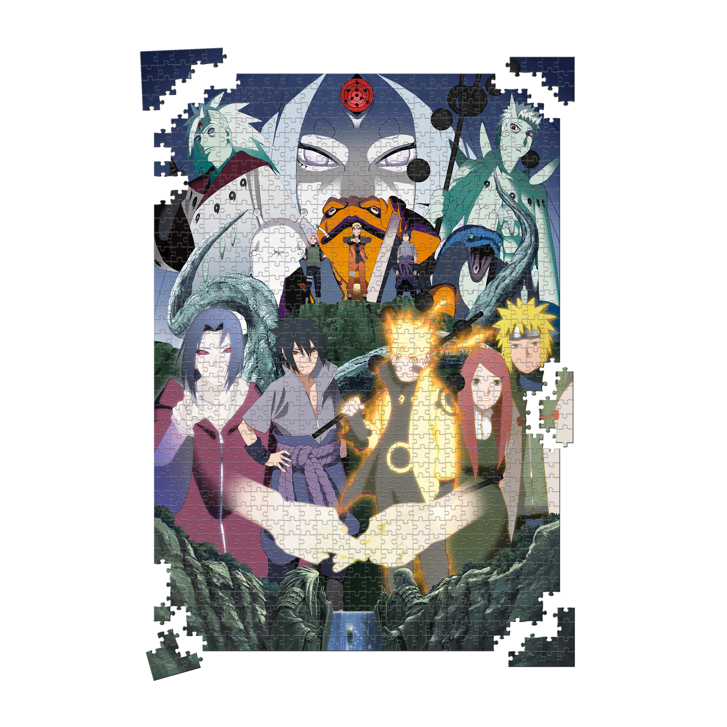 Naruto-Charaktere in Anime-Stil, mit Naruto, Sasuke und Sakura im Vordergrund.