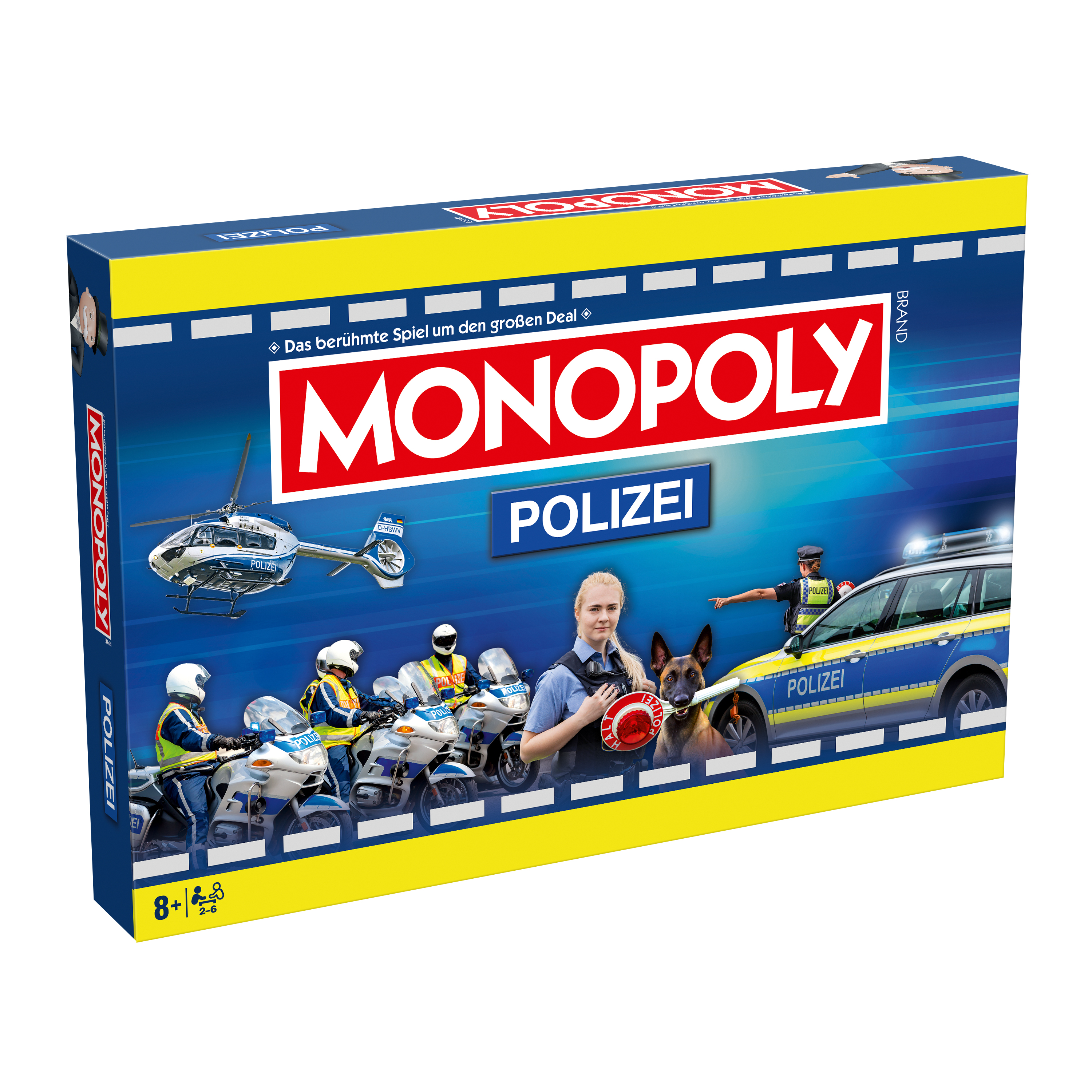 Monopoly Polizei Spielbox mit Polizei-Motiven: Helikopter, Motorräder, Auto, Hund, Polizisten.