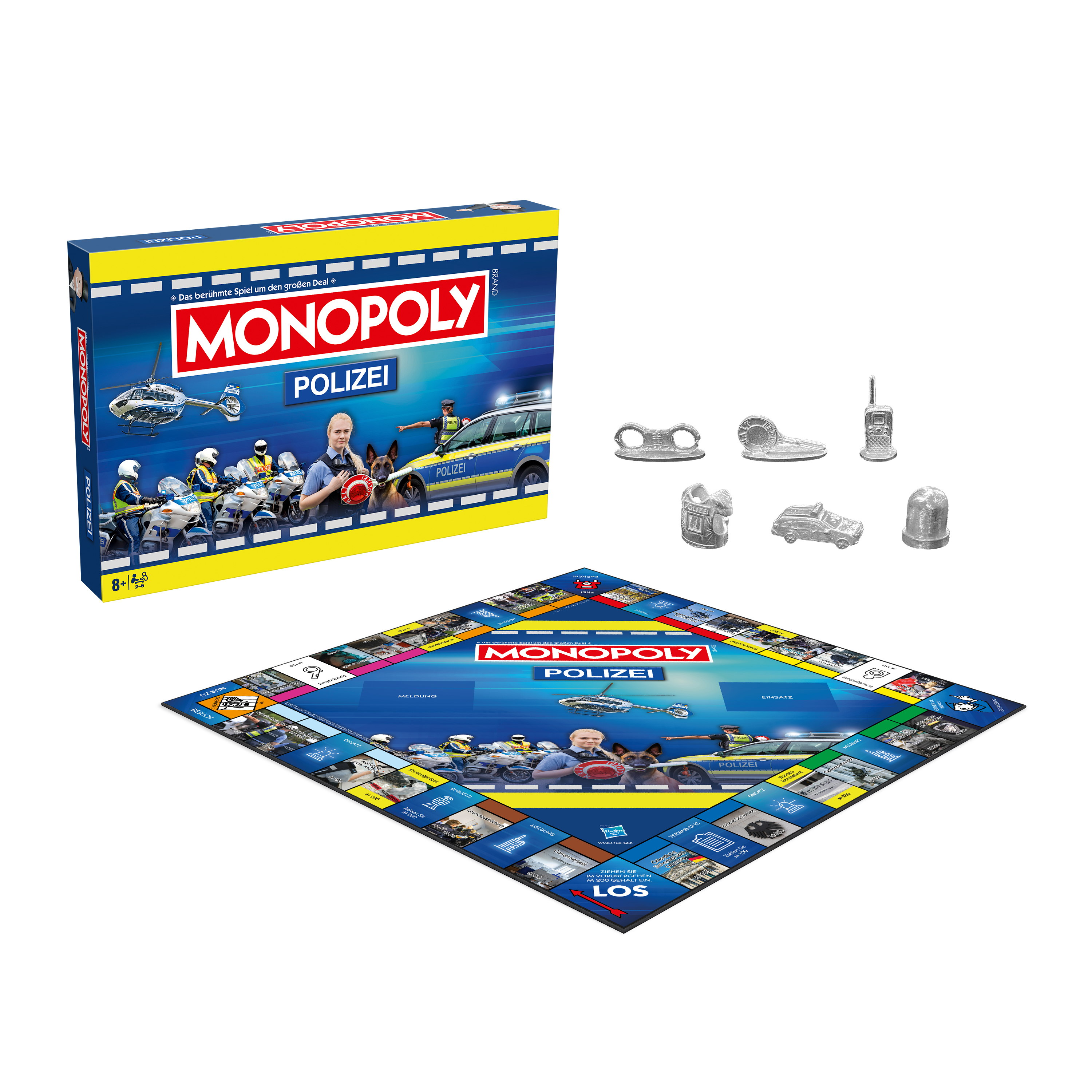 Monopoly Polizei Spielbrett mit Figuren, Polizeiauto, Hubschrauber und Spielkarte.
