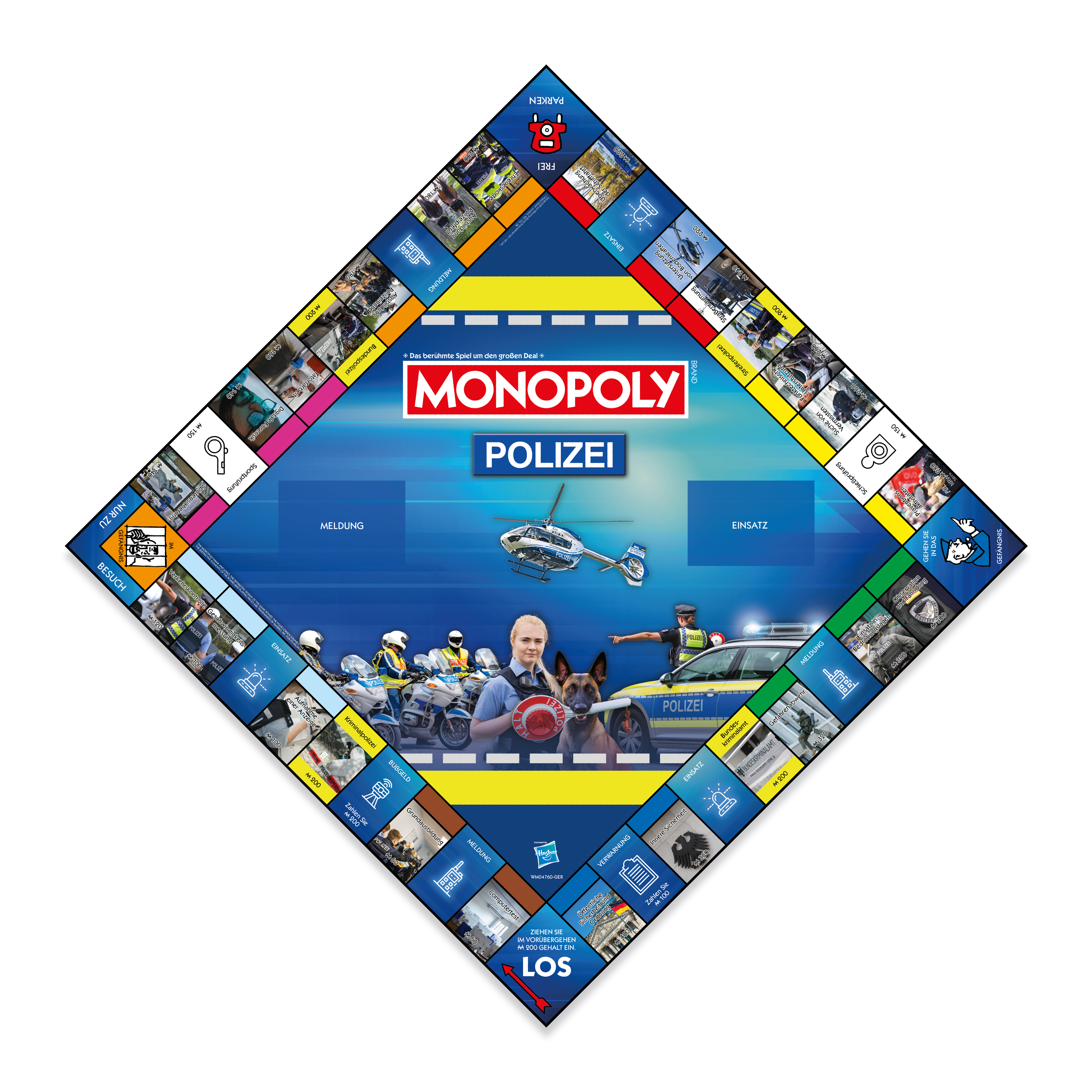 Monopoly Polizei Spielbrett mit Bildern von Polizeiaktivitäten und -fahrzeugen.
