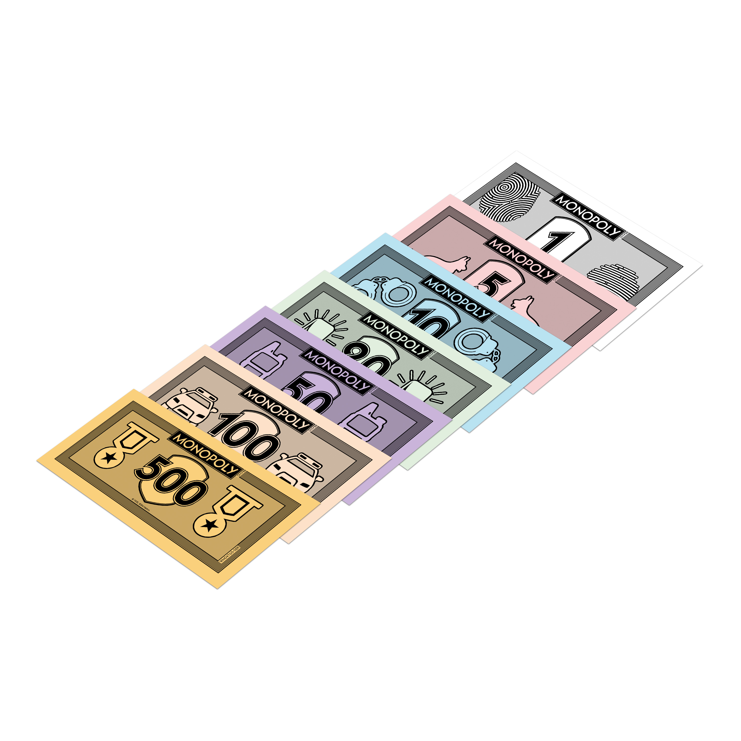 Monopoly-Geldscheine in verschiedenen Farben und Werten, von 1 bis 500.