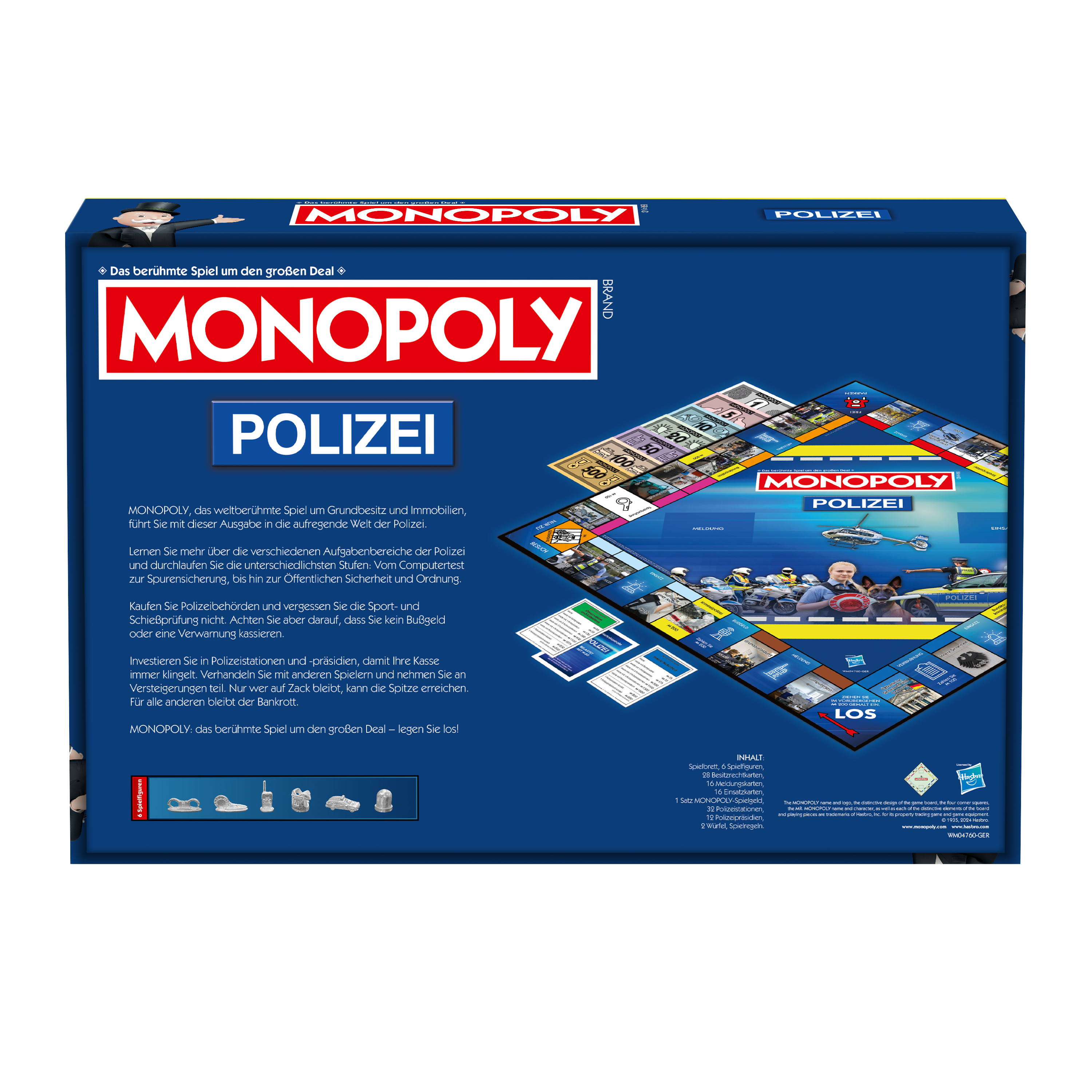 Monopoly Polizei Spielbrett mit Spielfiguren, Karten und Geld.