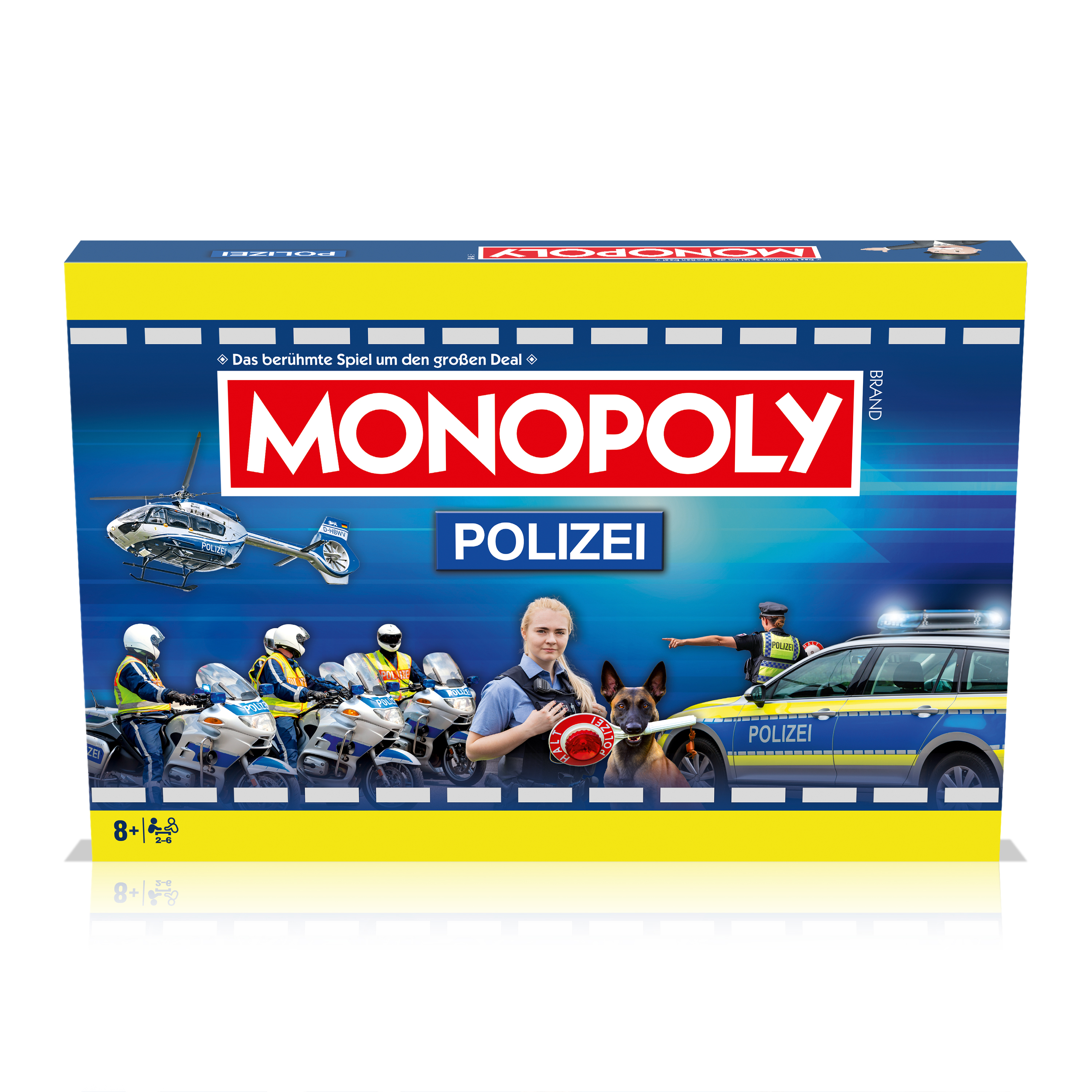 Monopoly Polizei Brettspiel: Polizei, Hubschrauber, Motorräder, Hund, Auto.