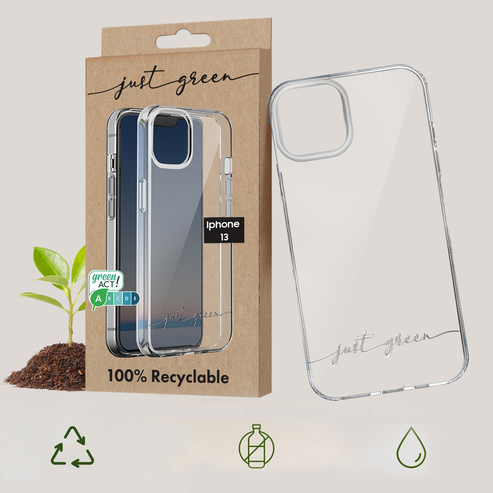 Ein durchsichtiges iPhone 13 Hülle mit Verpackung und einem grünen Sprössling.