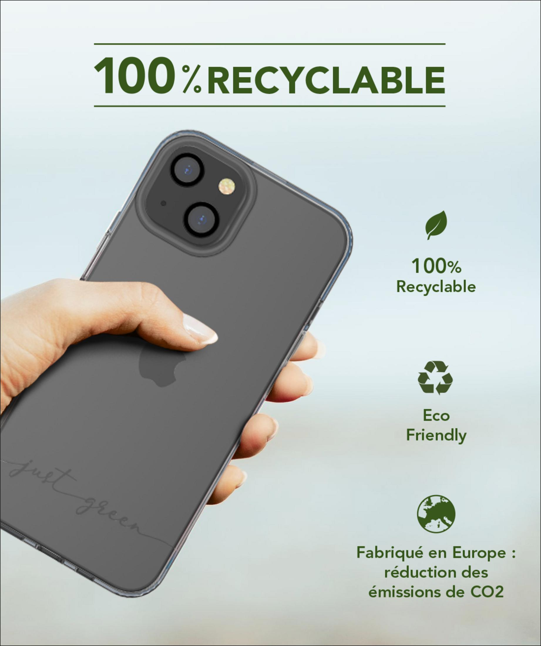 Eine Hand hält eine durchsichtige Handyhülle mit dem Schriftzug „just green“.