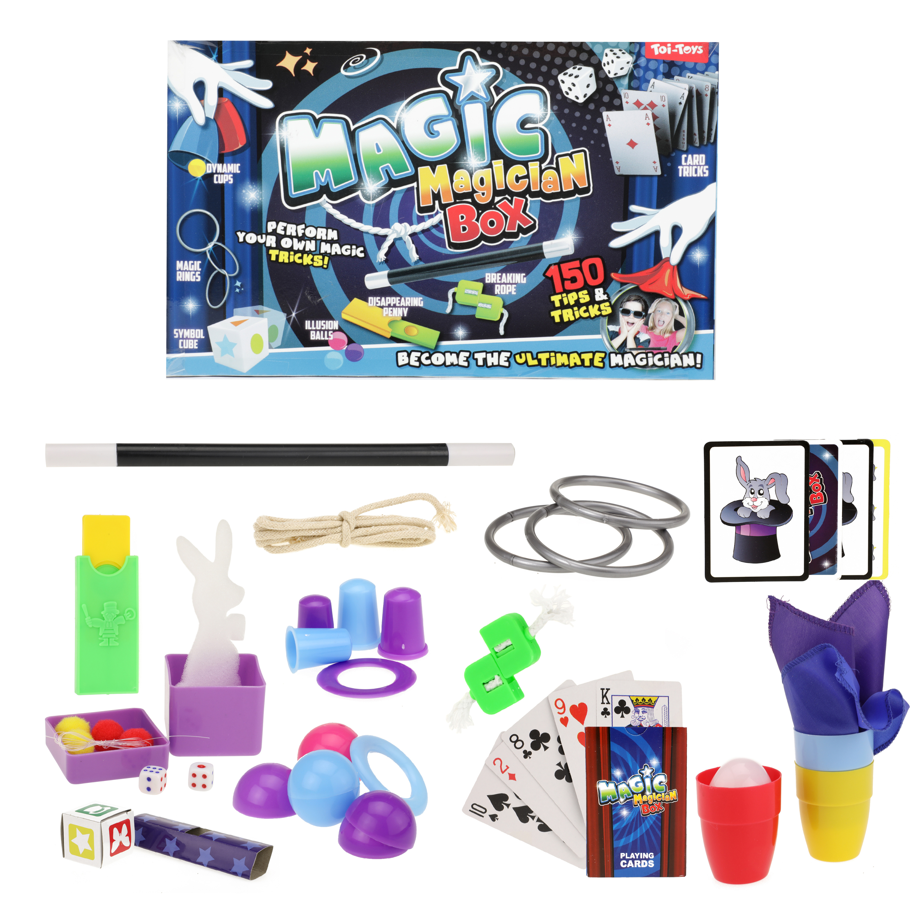 Ein Magier-Set mit Zauberstab, Karten, Ringen, Bechern und Würfeln.