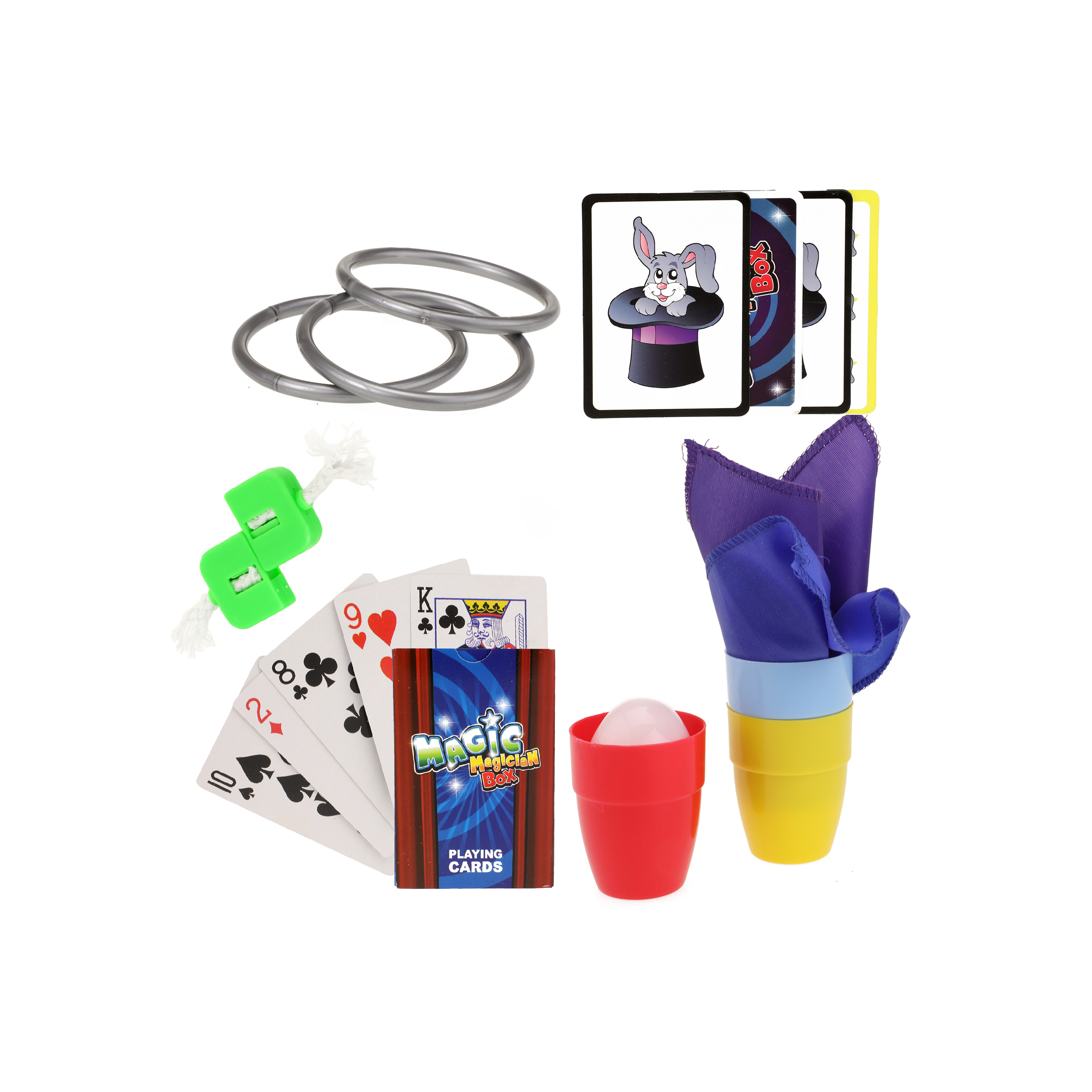 Zaubertricks: Ringe, Spielkarten, Becher und ein Ball auf weißem Hintergrund.