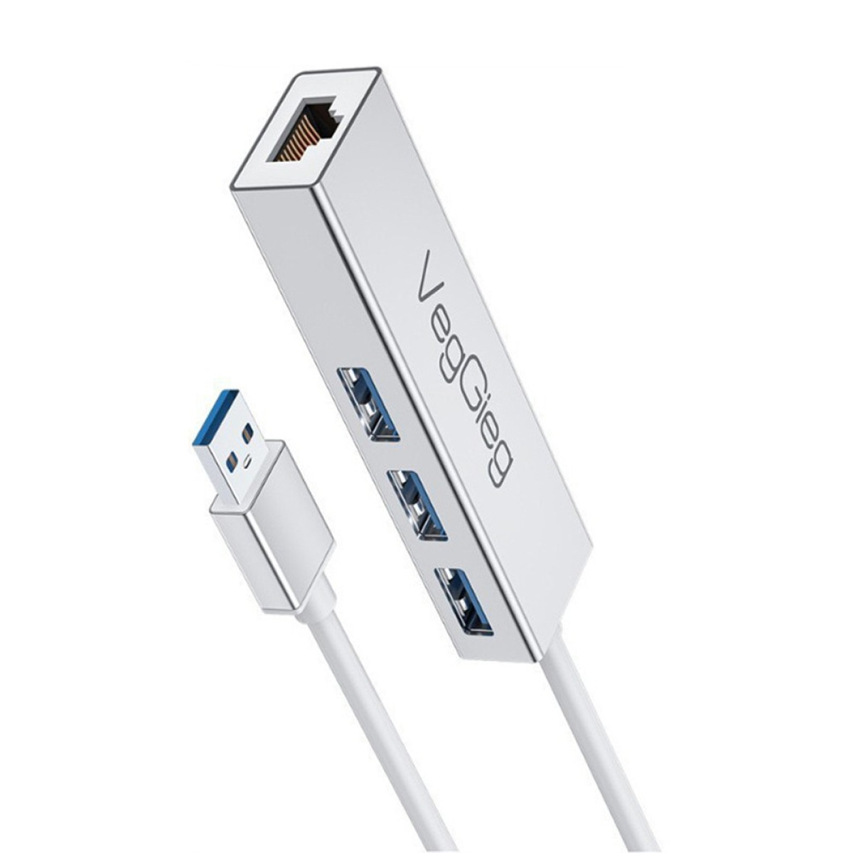 Silberner USB-Hub mit drei Ports und einem Ethernet-Anschluss, verbunden mit einem USB-Kabel.