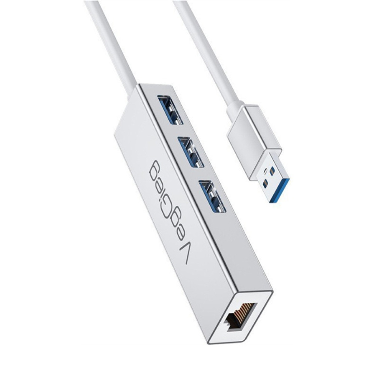 Silberner USB-C-Hub mit drei USB-Anschlüssen und einem Ethernet-Anschluss.