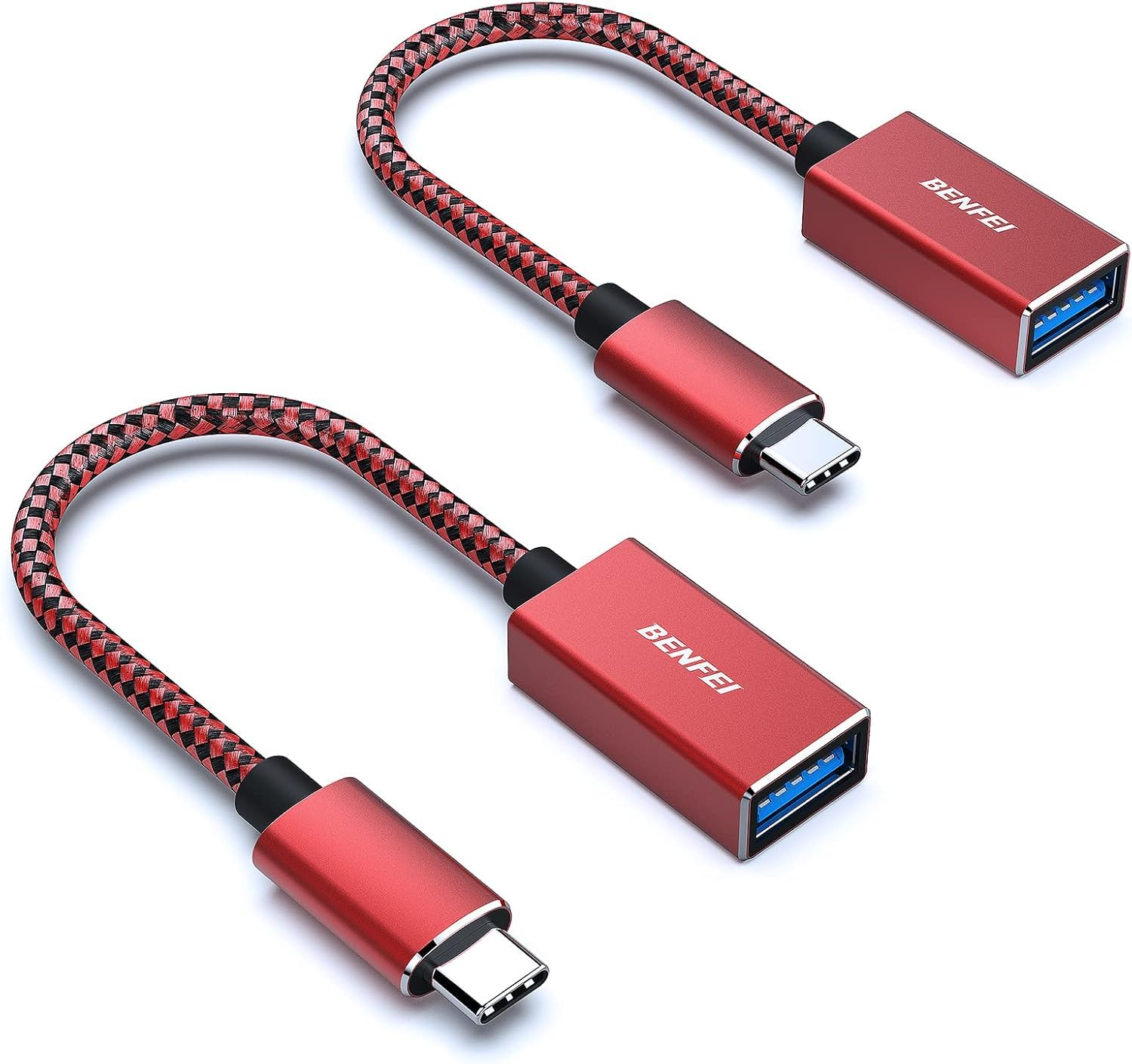 Zwei rote USB-C-zu-USB-A-Adapter mit geflochtenen Kabeln, auf weißem Hintergrund.
