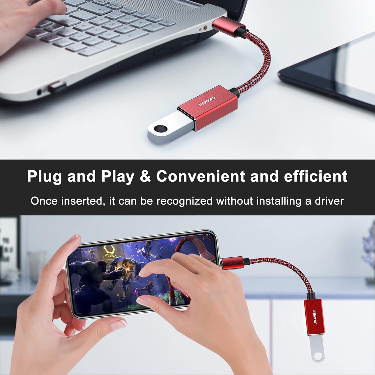 Roter Adapter verbindet Laptop/Handy mit Gerät. Zeigt Plug-and-Play-Komfort.