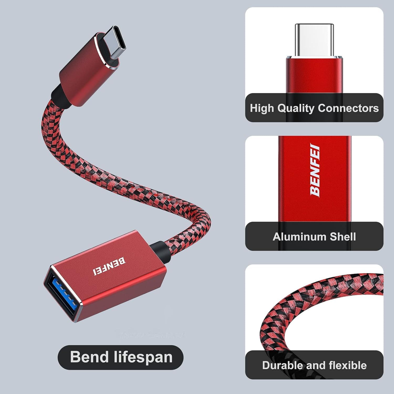 Rotes USB-C-Kabel mit schwarzem Geflecht, USB-A-Anschluss und Aluminiumgehäuse.