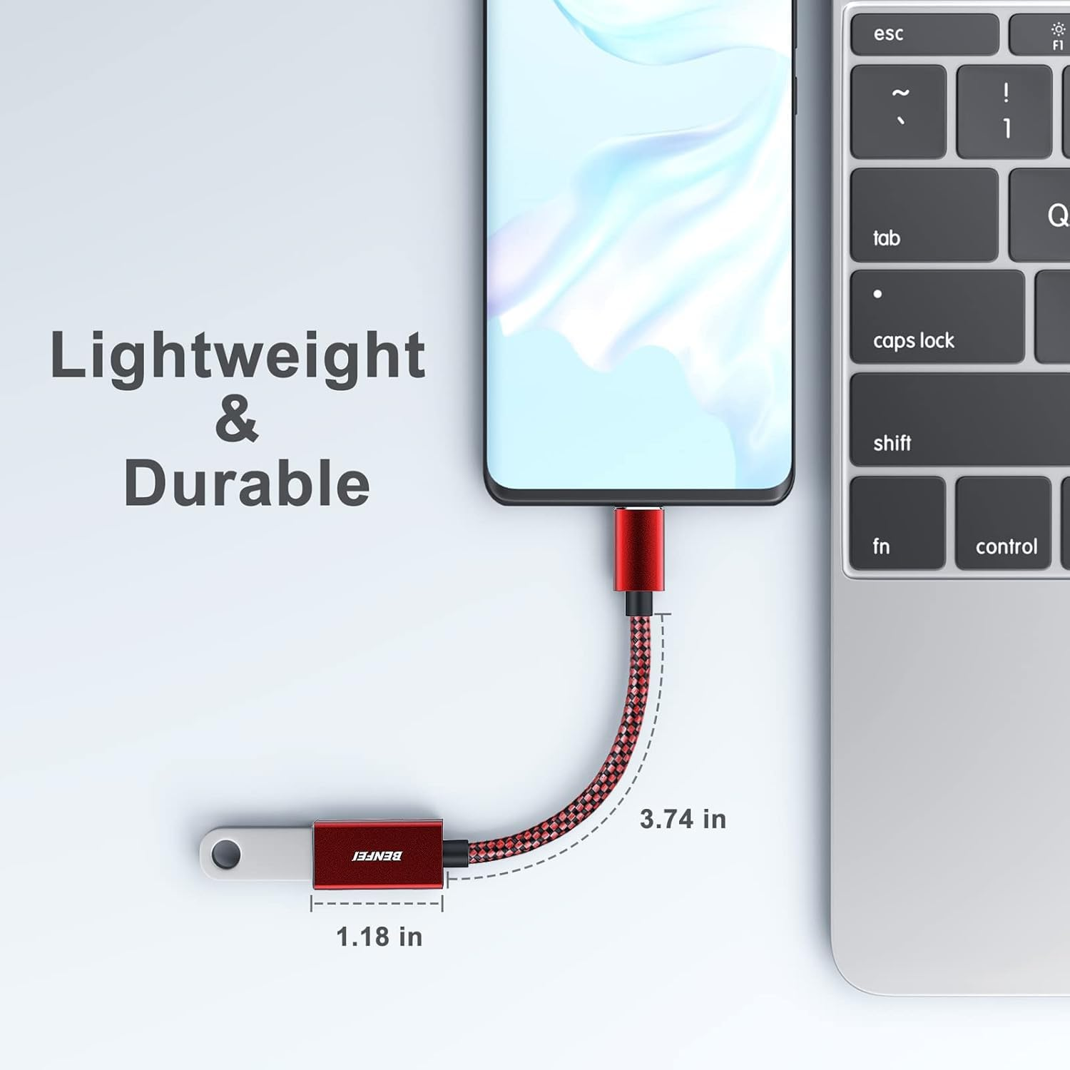 Rotes USB-C-Kabel verbindet Handy mit Laptop. Text: Leicht & Robust.