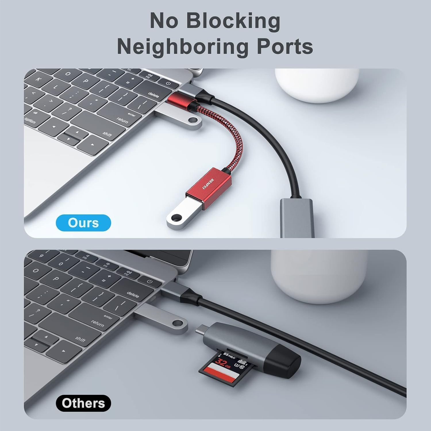 Oben: Roter Adapter blockiert keine Ports. Unten: Grauer Adapter blockiert Ports.