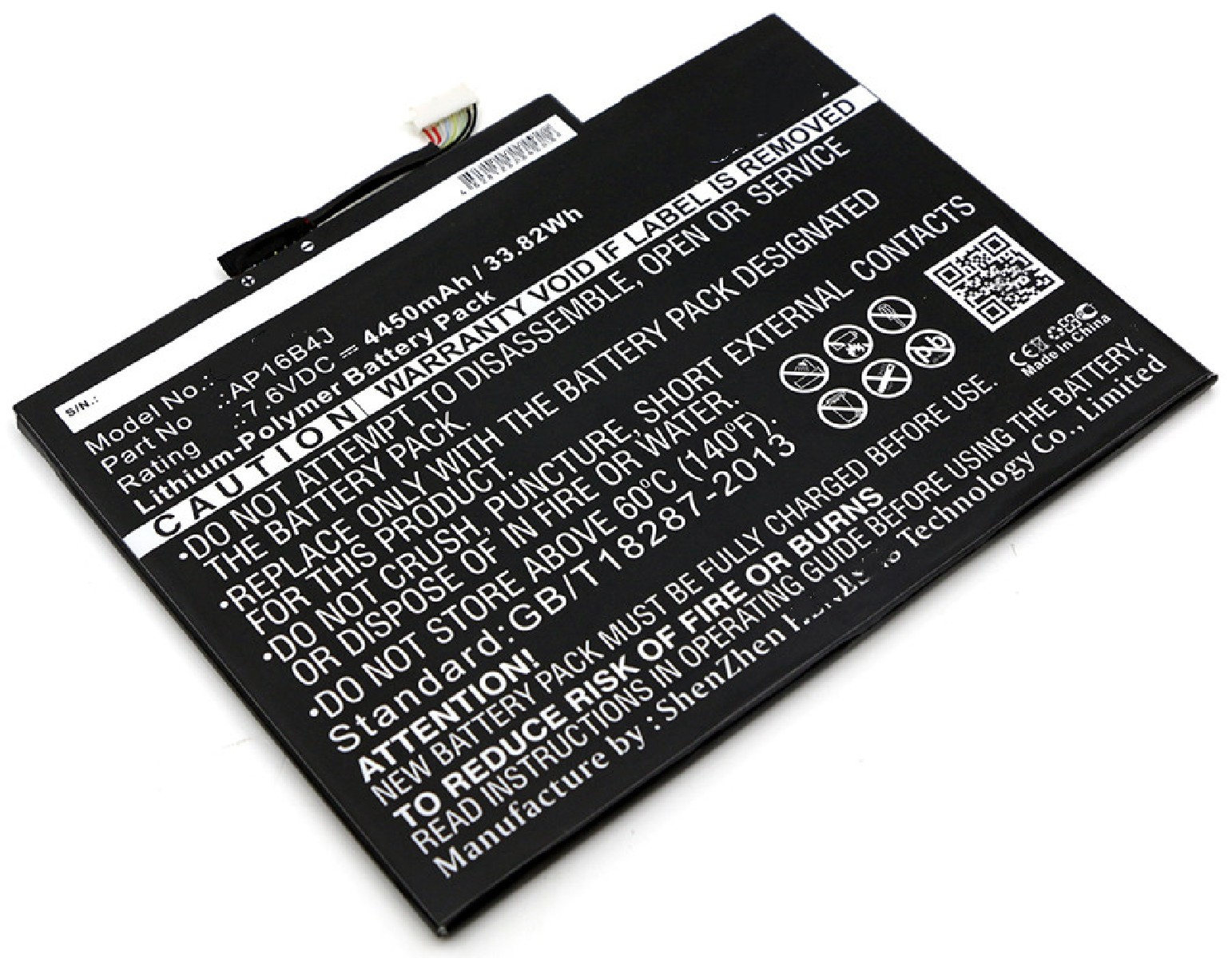 Schwarzer Lithium-Polymer-Akku mit weißen Warnhinweisen und Anschlüssen.
