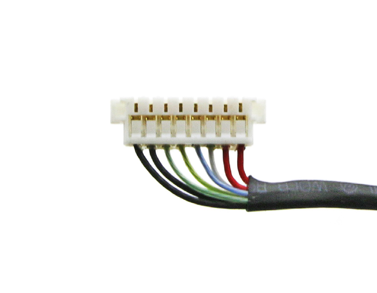 Ein weißer Stecker mit acht goldenen Kontakten und bunten Kabeln darunter.
