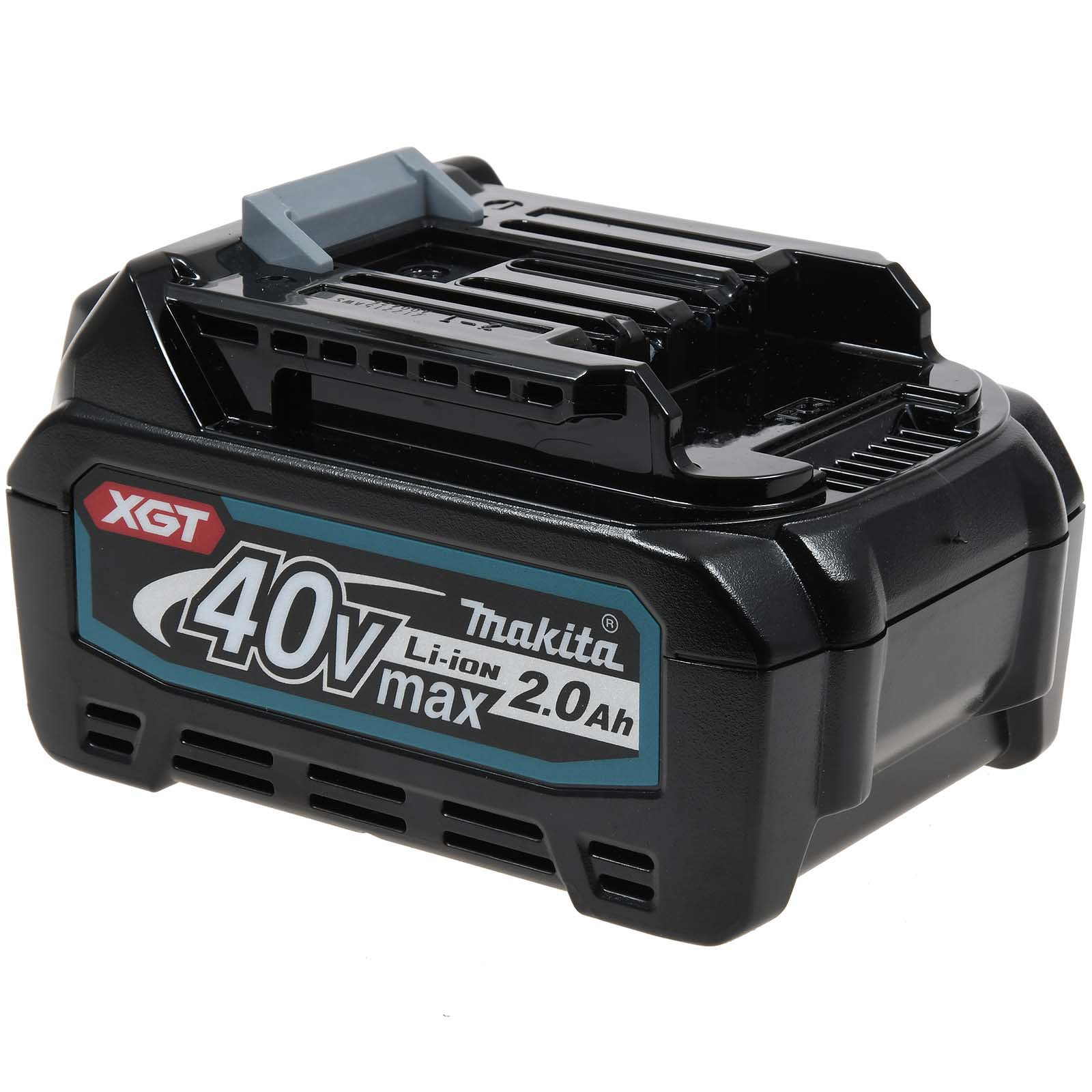 Schwarzer 40V max 2.0Ah Makita XGT Li-Ionen Akku mit grauen Entriegelungslaschen.
