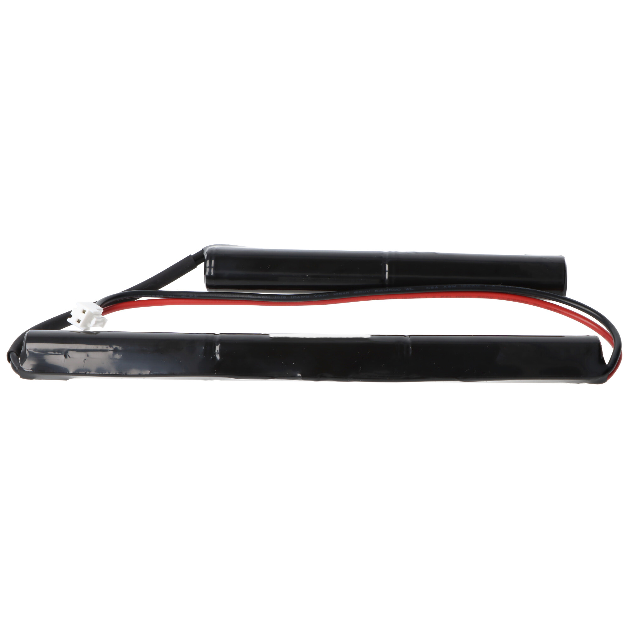 Zwei schwarze Batterien mit roten und schwarzen Kabeln sowie einem weißen Stecker.