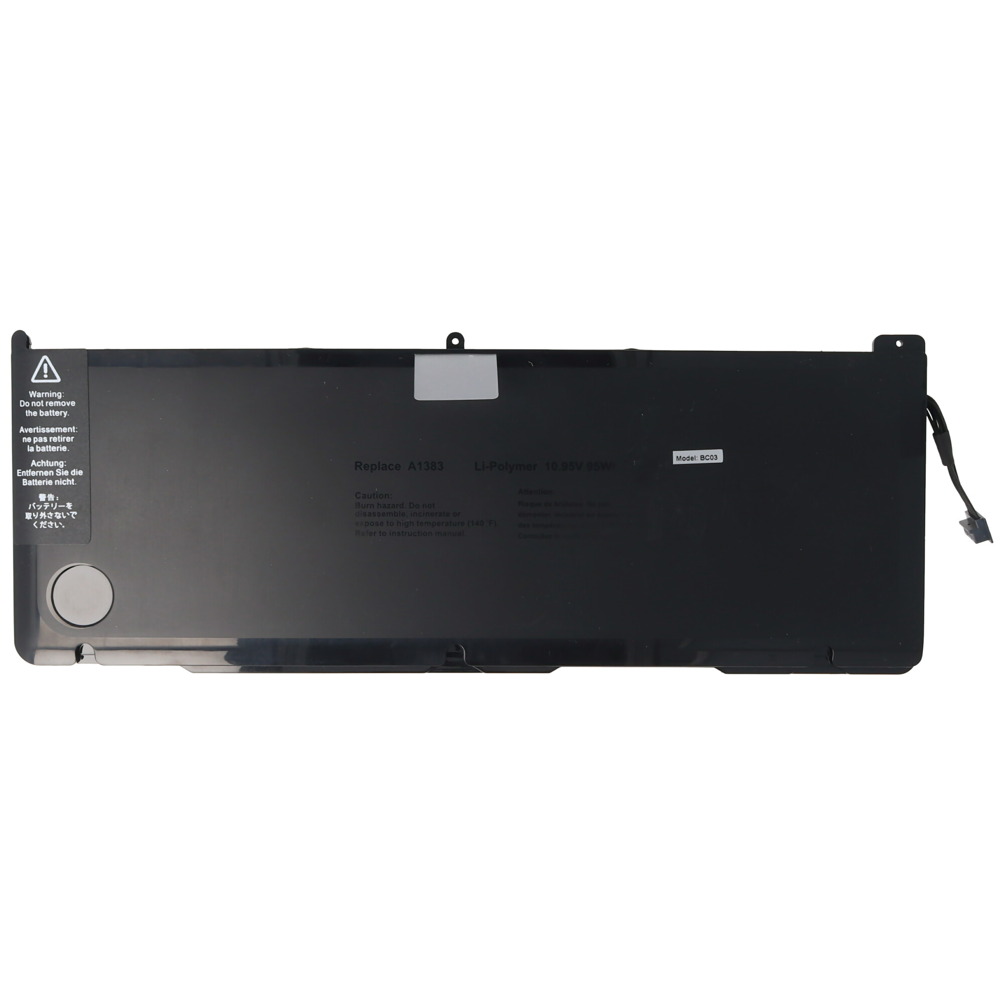 Schwarzer Laptop-Akku mit Warnhinweisen und Modellnummer BC03.