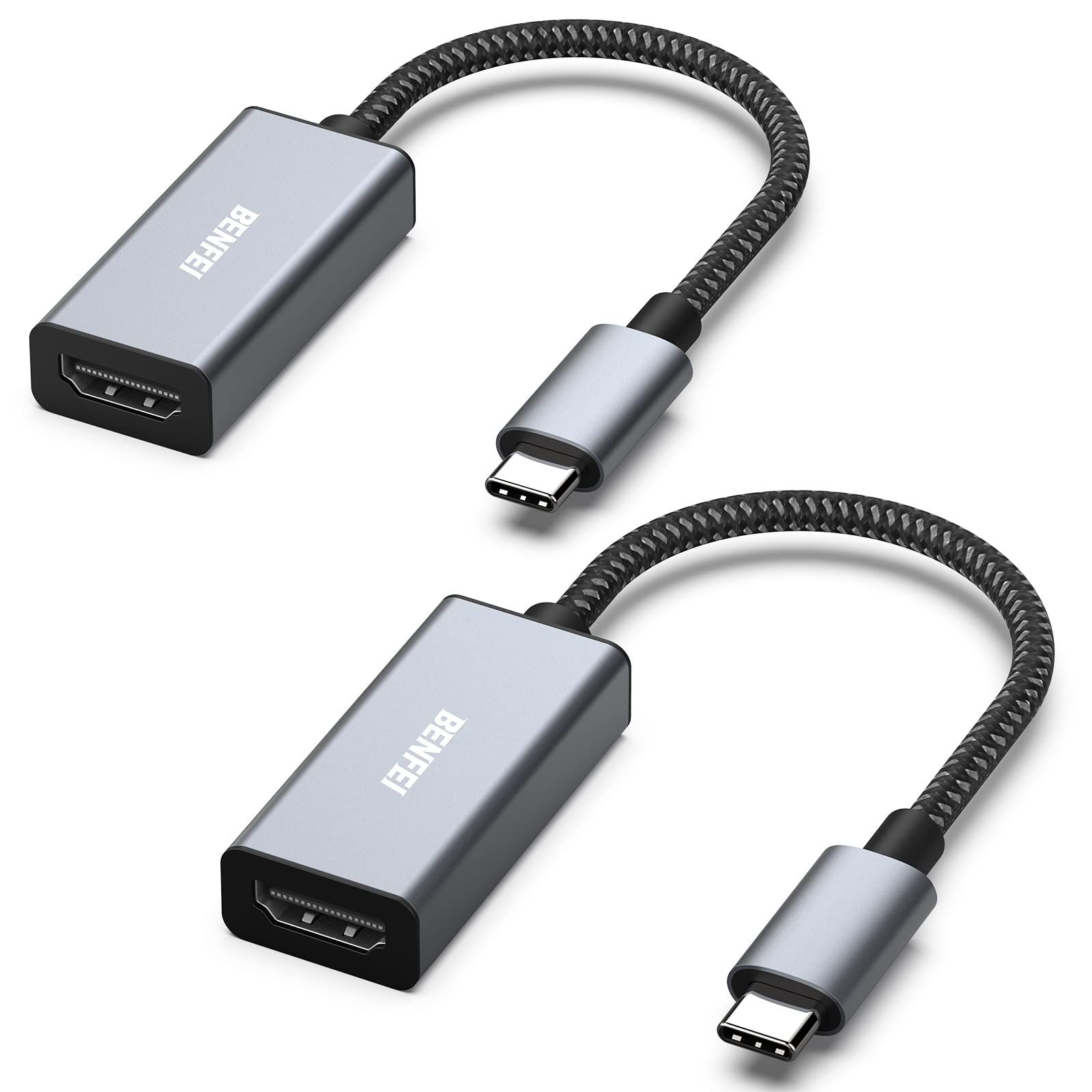 Zwei graue USB-C-zu-HDMI-Adapter mit geflochtenen Kabeln.