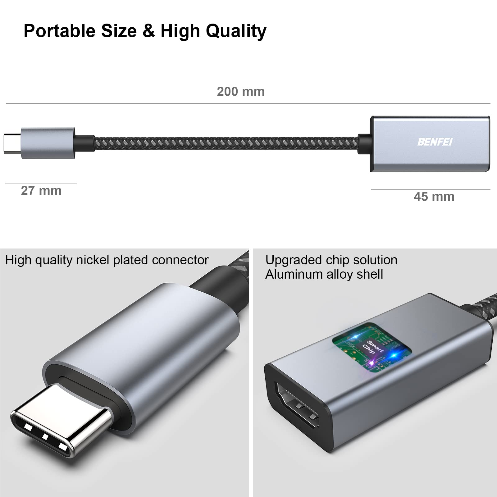 USB-C auf HDMI Adapter mit Metalkabel und beleuchtetem Chip.