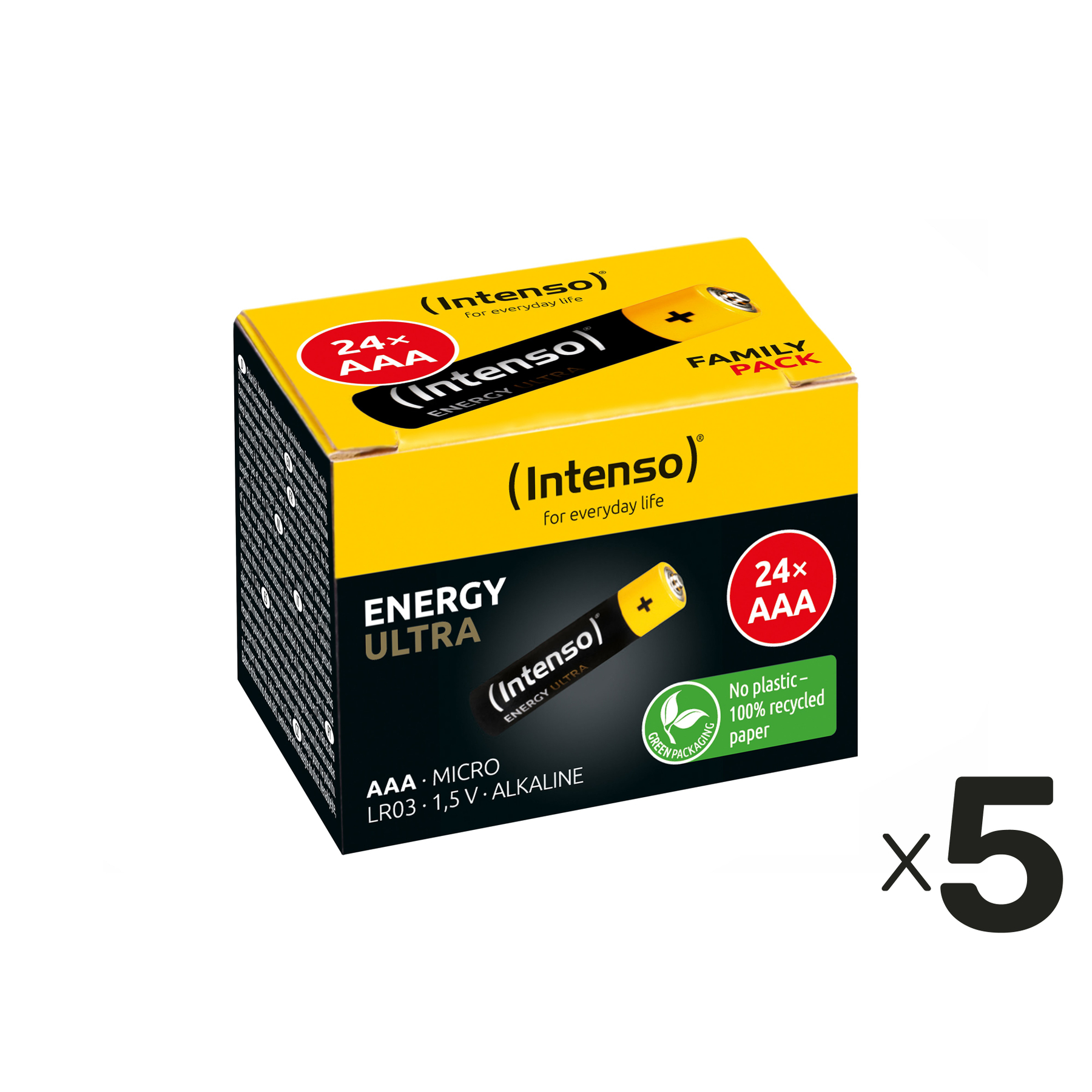 Verpackung mit 24 Intenso AAA Batterien, gelb und schwarz.