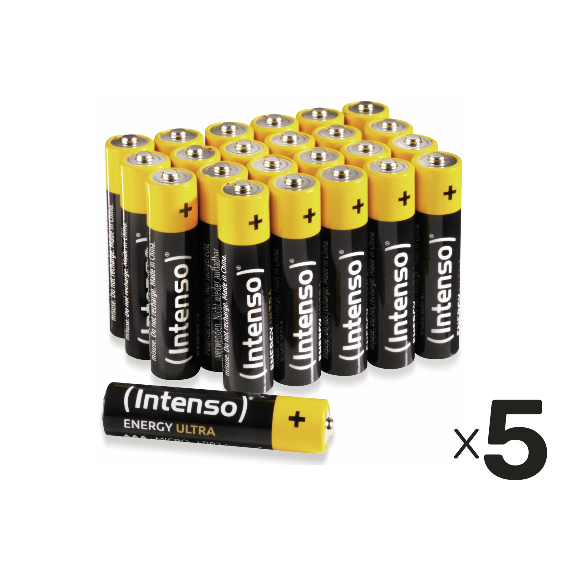 Mehrere gelbe und schwarze Intenso AAA-Batterien sind zu sehen, mit einem x5 Zeichen.