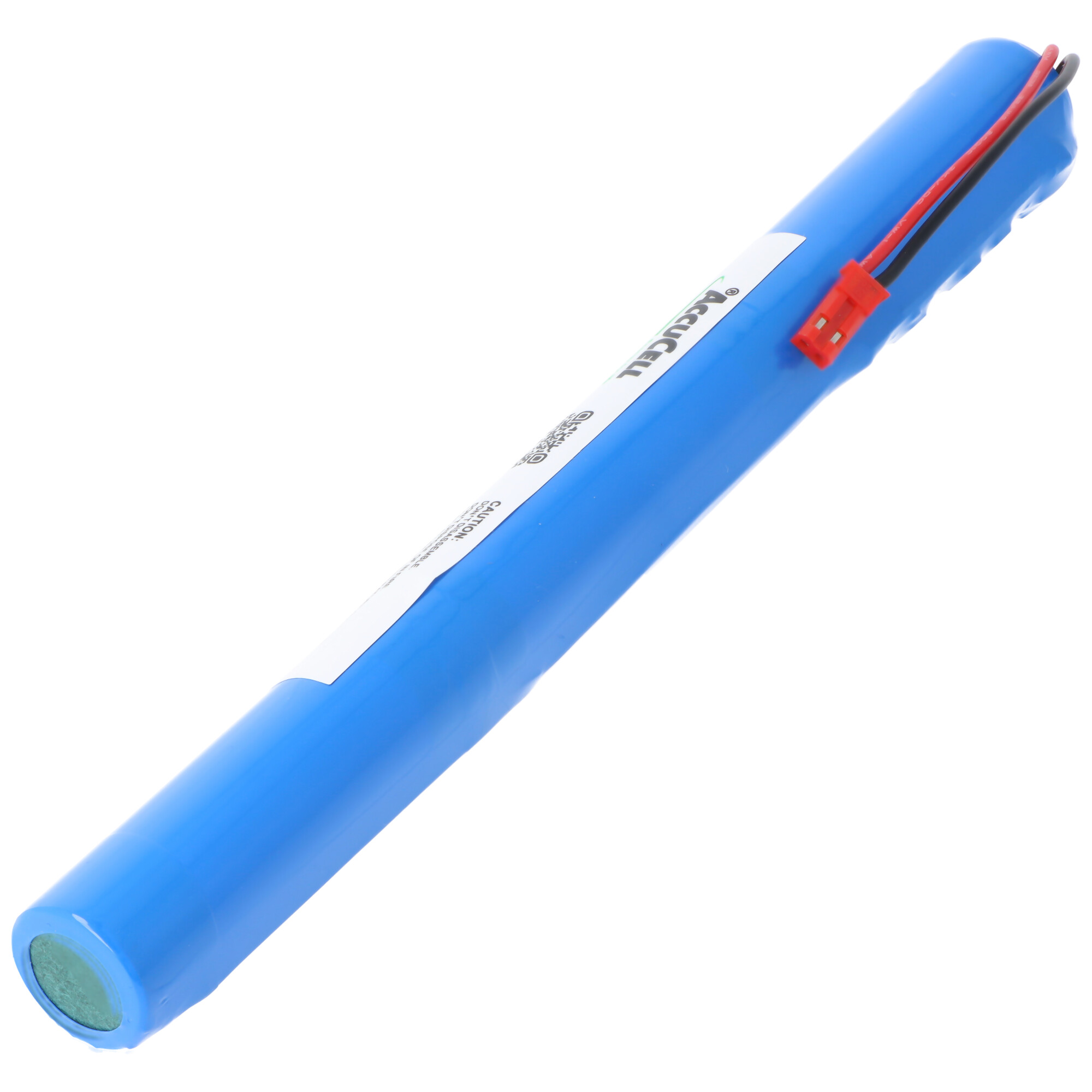 Ein blaues Akkupack mit rotem und schwarzem Kabel und Stecker.