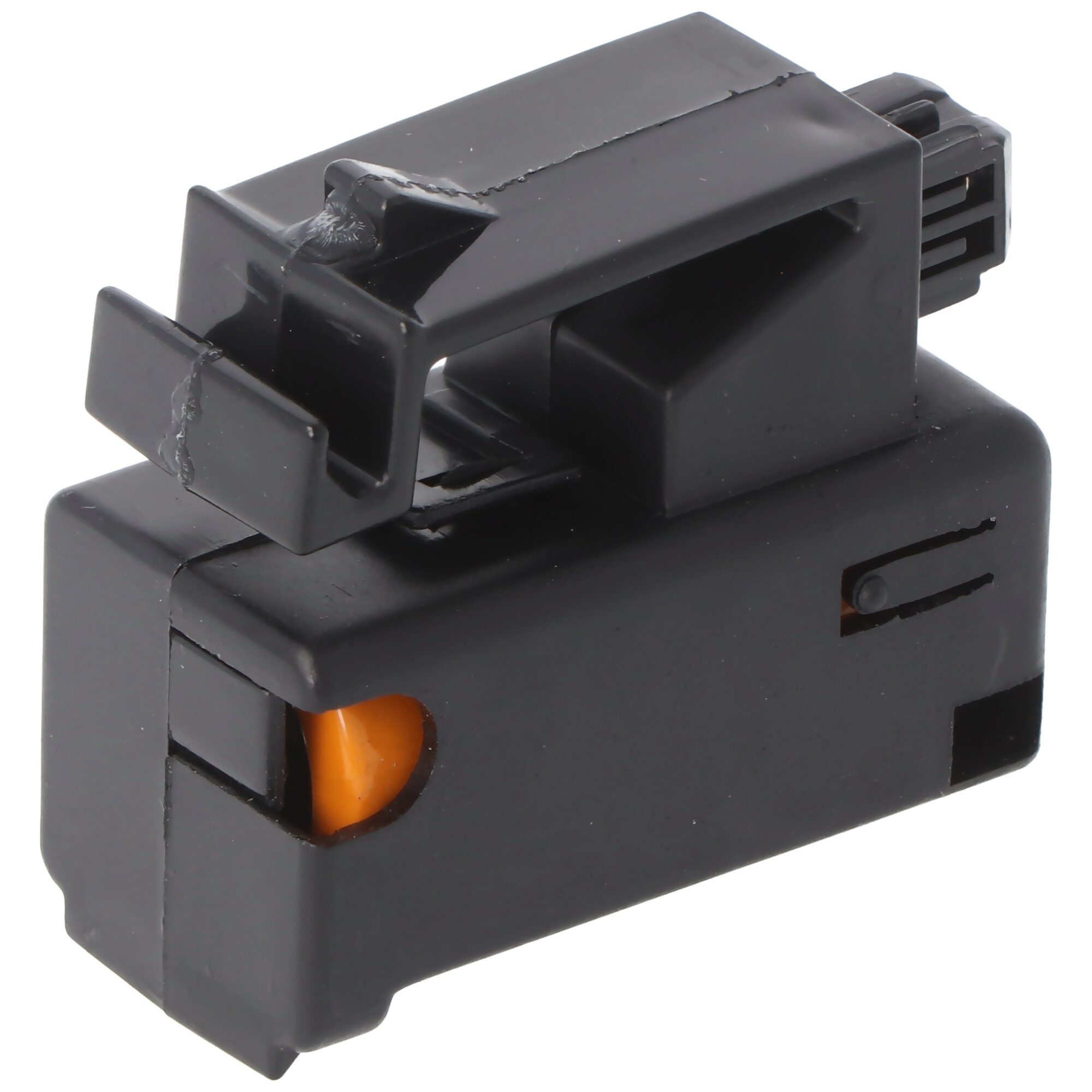 Schwarzes Bauteil mit orangefarbenem Hebel und elektrischem Anschluss.