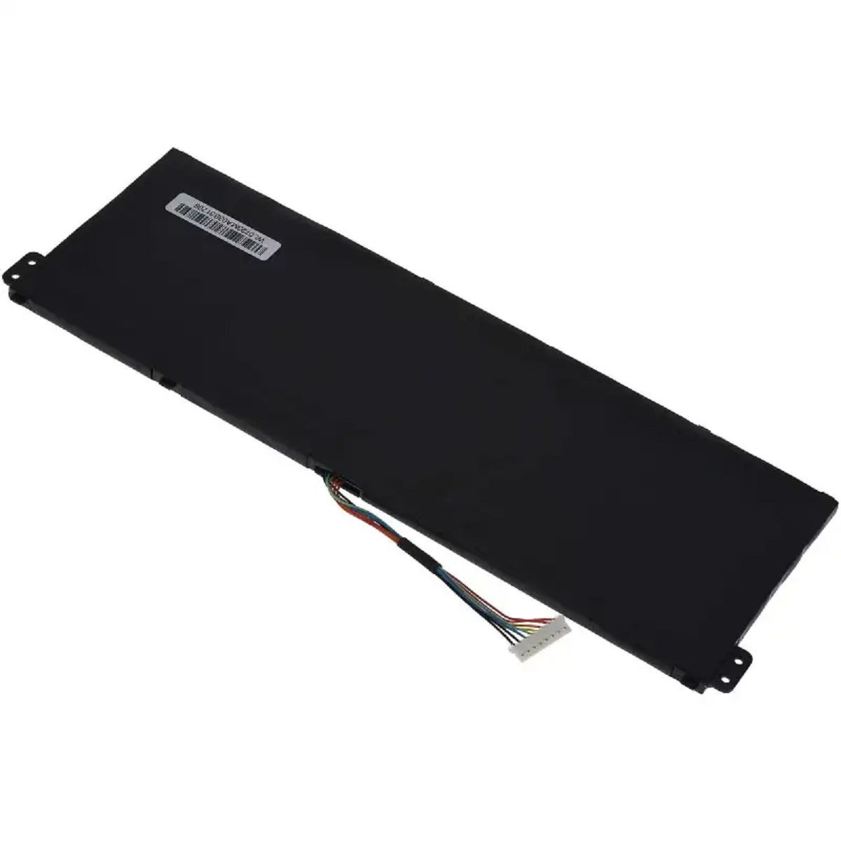 Schwarzer Laptop-Akku mit Kabeln und weißem Anschluss.