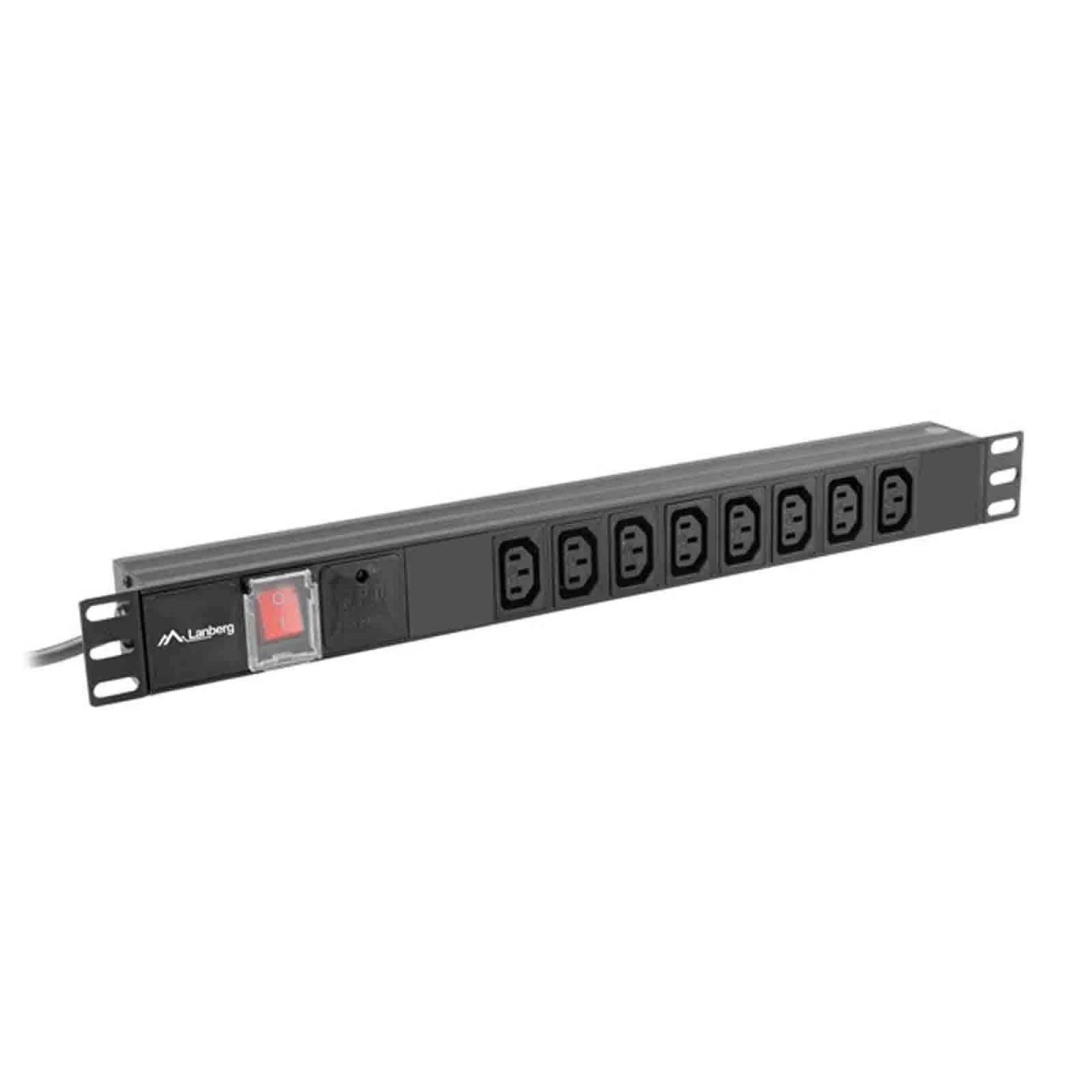 Multipresa nera da rack con interruttore rosso e dieci prese.