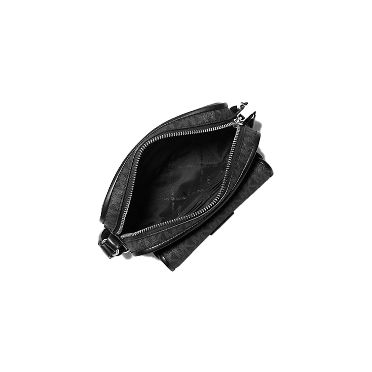 Schwarze Tasche mit Monogramm-Muster, offen mit Reißverschluss.