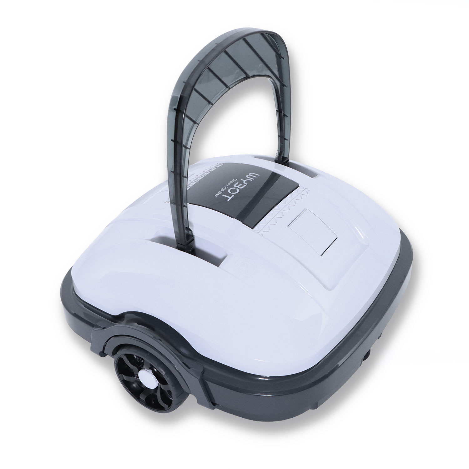 Ein weißer Roboterstaubsauger mit schwarzem Griff und Rädern auf weißem Hintergrund.