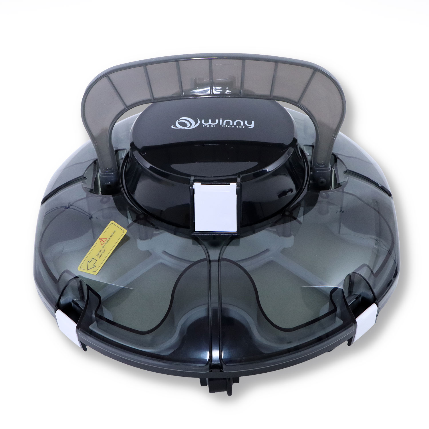 Schwarzer Poolroboter mit Tragegriff, transparentem Gehäuse und gelbem Aufkleber.