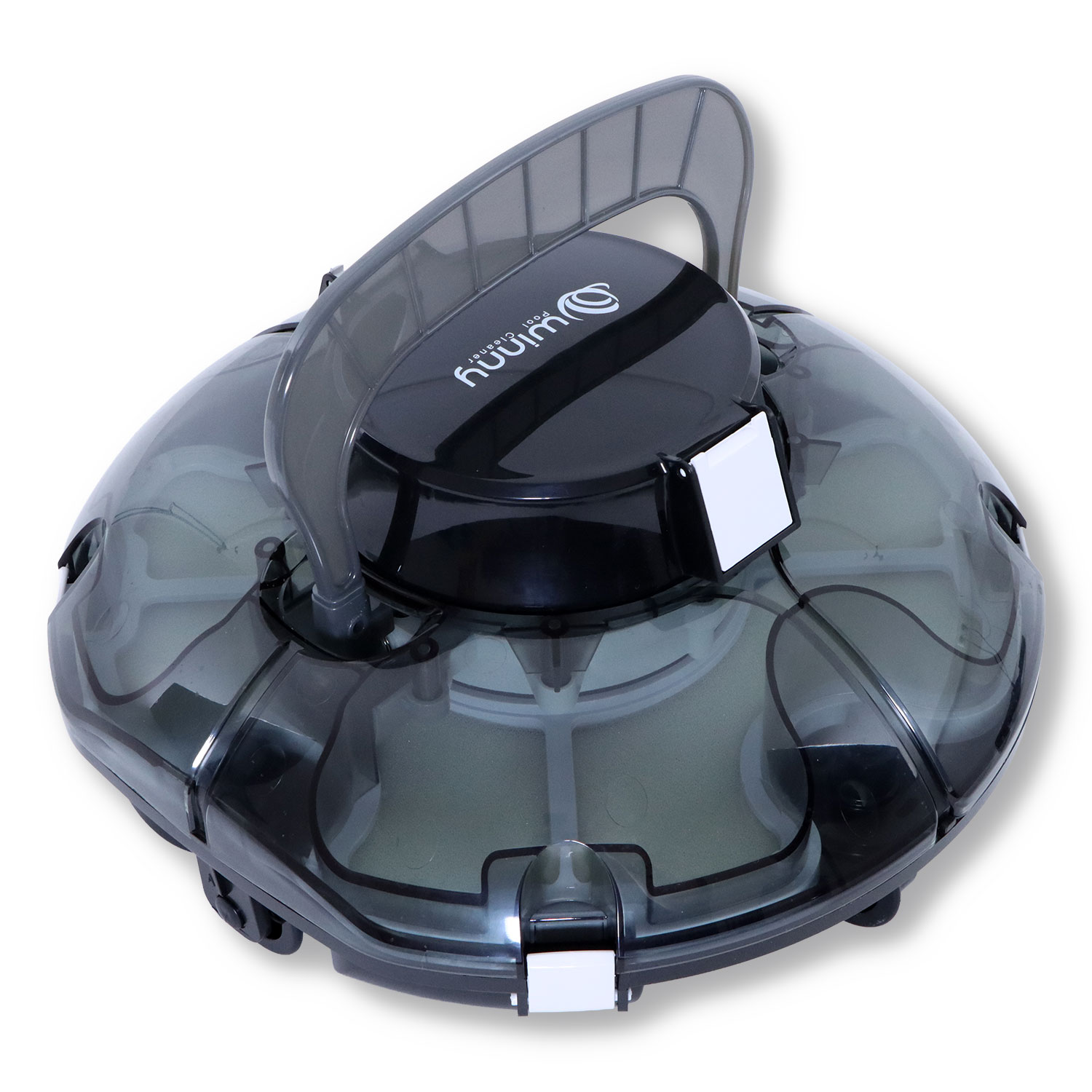 Ein runder, transparenter Poolreiniger mit schwarzem Griff und Logo.